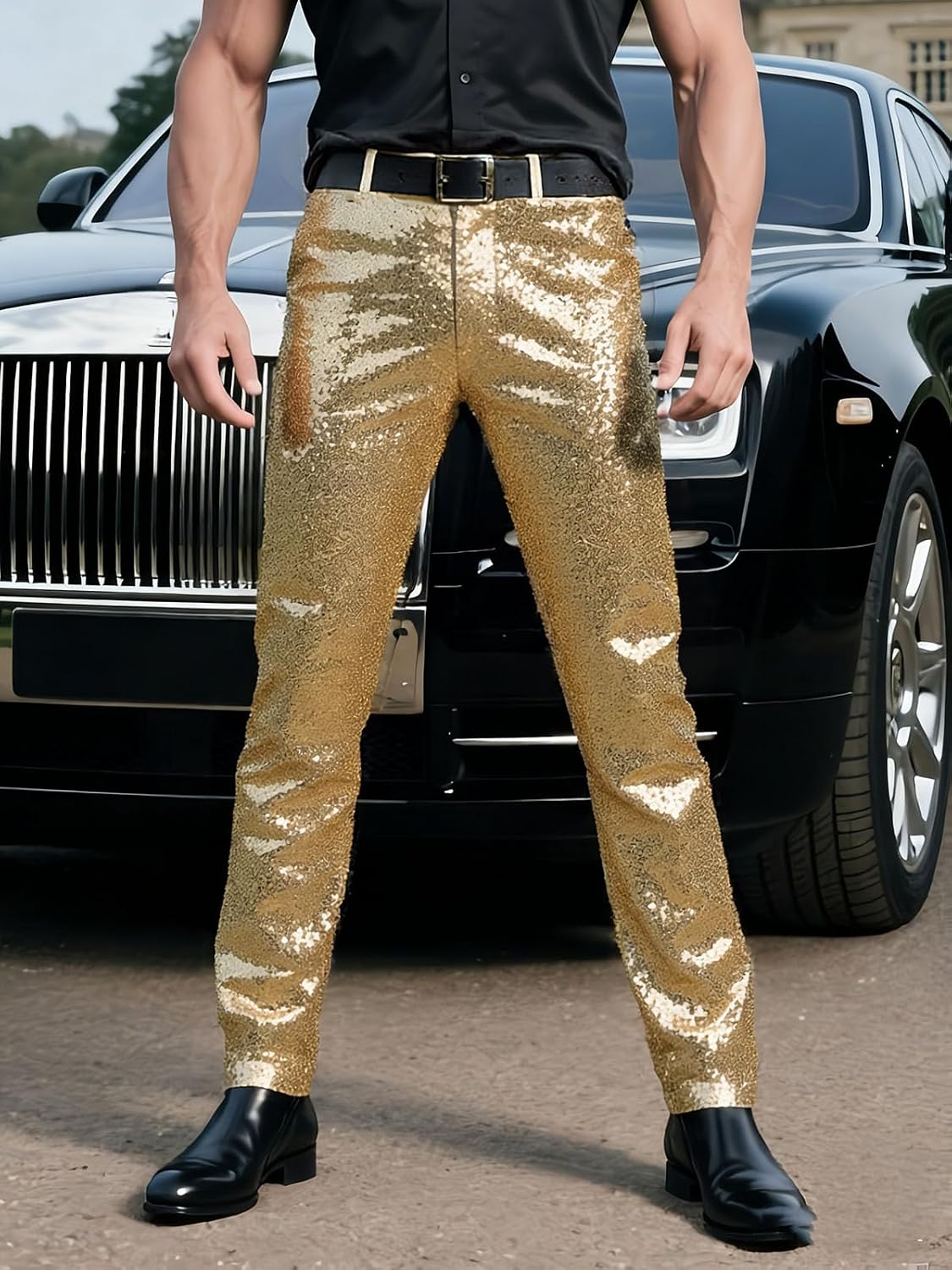 VENNYNG Men's Sequin Dress Pants Slim Fit Formal Trousers Elastic Waist Party Club Wear