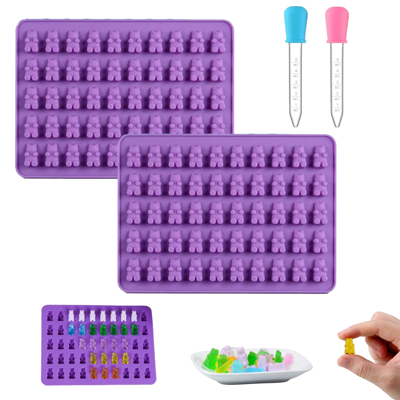 3 Pezzi Silicone Per Caramelle,Riutilizzabile Stampi per Orsetti Gommosi con 2 Contagocce, Stampi per Caramelle Gommose in 11 Forme Adorabili,per Produrre Caramelle, Cioccolatini e Gelatine