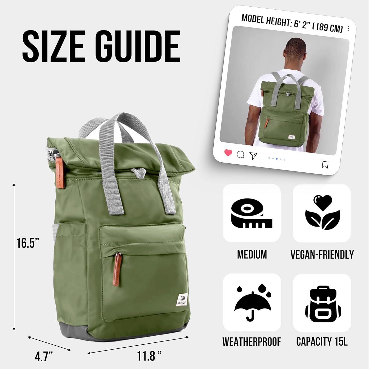 ORI LONDON Travel Backpack - Medium Nylon Rolltop Backpack for Men & Women with Multiple Pockets for Laptop, Phone, Keys, Wallet, Bottles - The Canfield, Avocado, 16.5x11.8x4.7”