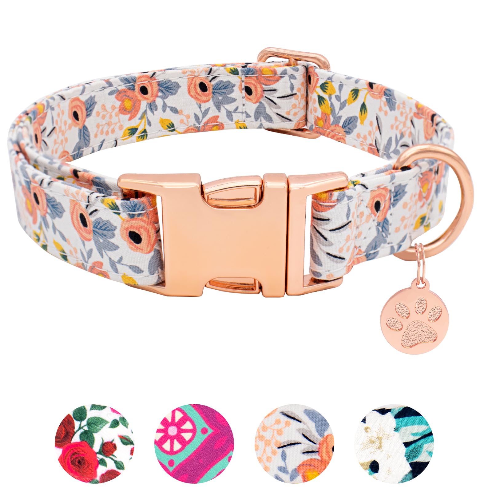 HSIGIO Soft Cotton Dog Collar, Adjustable Dog Collar with Metal Buckle, Orange Floral with Pendant Girl Boy Dog Collars Gift for Small Medium Large