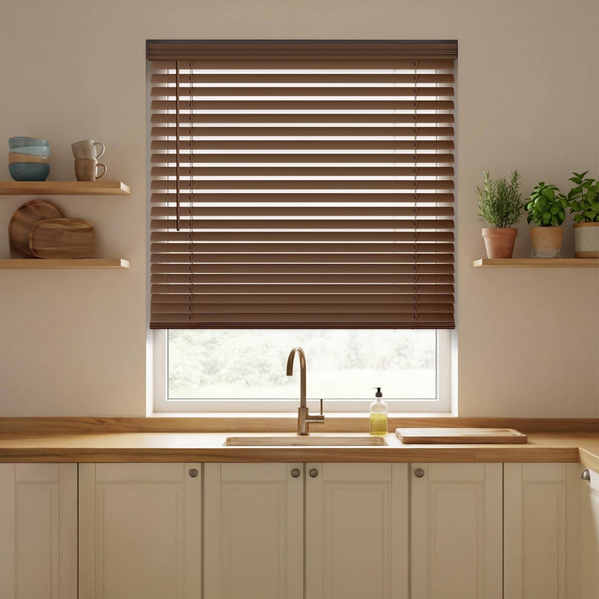 REGAL estate Faux Wood Blinds, Cordless 2 Inch Faux Wood Blinds for Windows, Moisture Resistant Faux Blinds, 30" W x 72" H, Chestnut