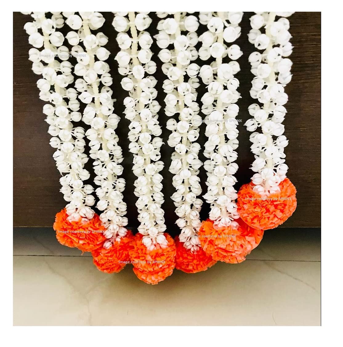 Sphinx artificial jasmine buds (mogra phool) and fluffy marigold garlands/strings/torans for decoration (approx. 2.5 ft/30 Inches height)- (Dark Orange, 12)