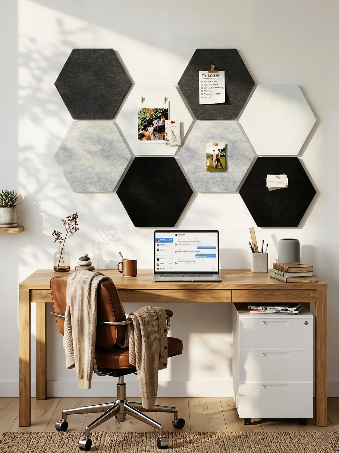 8 Pack Hexagon Felt Bulletin Board Tiles - 12" Large Thick Pin Board for Walls with 30 Push Pins, DIY Boards for Office Home School Decor, Aesthetic Hex Cork Board Alternative