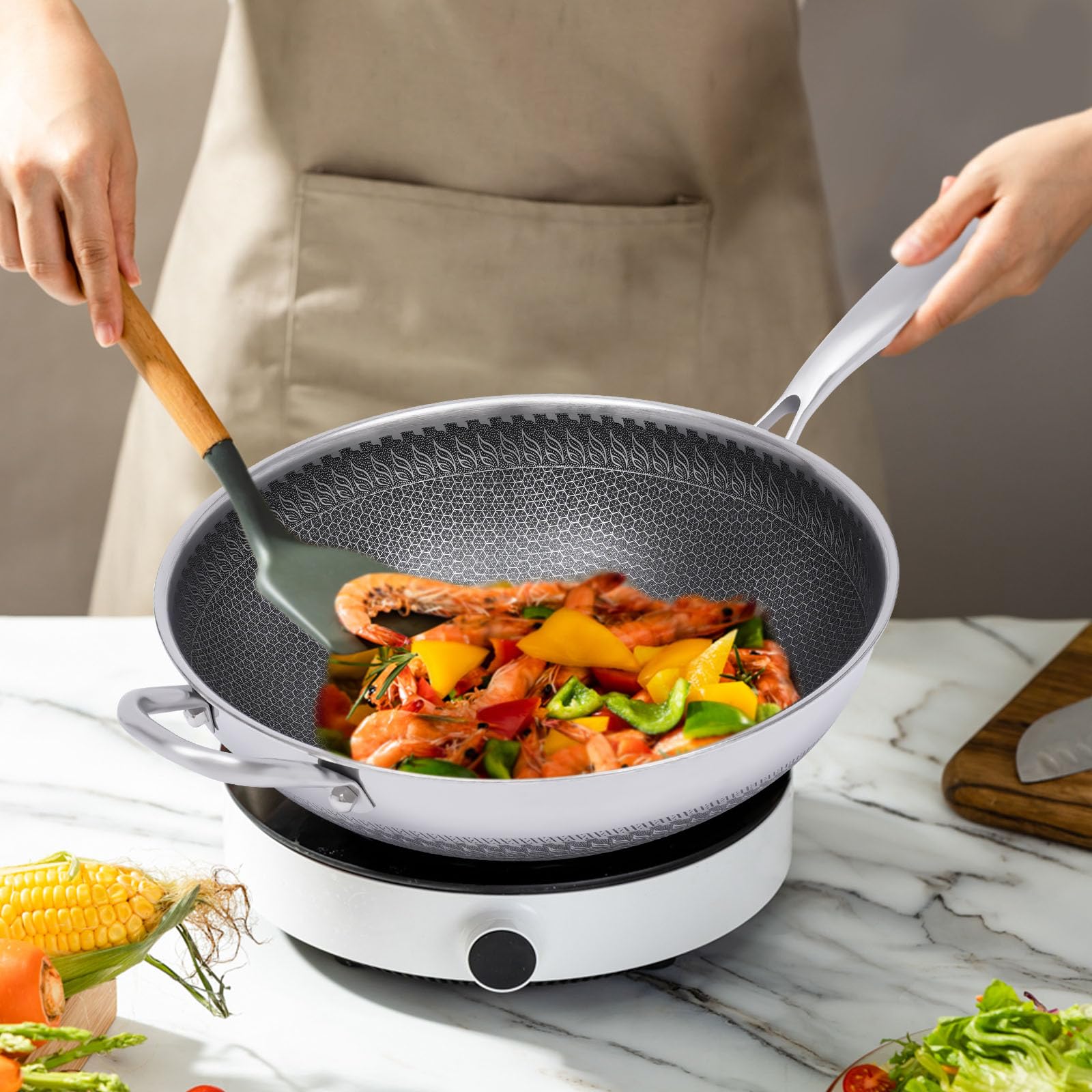 Woks y sartenes antiadherentes de 12 pulgadas con tapa de cristal: Wok chino pre-sazonado de fondo plano para inducción, eléctrico, gas, todas las estufas 5