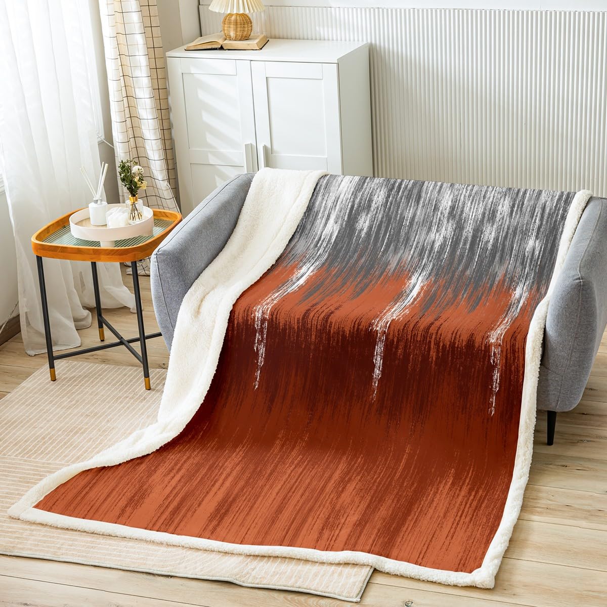 Bedluxy Orange Ombre Rust/Burnt Sherpa Blanket Abstract Art Painting Fleece Throw Blanket For Kids Gradient Color Patchwork Plush Blanket Microfiber Boho Fuzzy Blanket Double 60X79 Inch