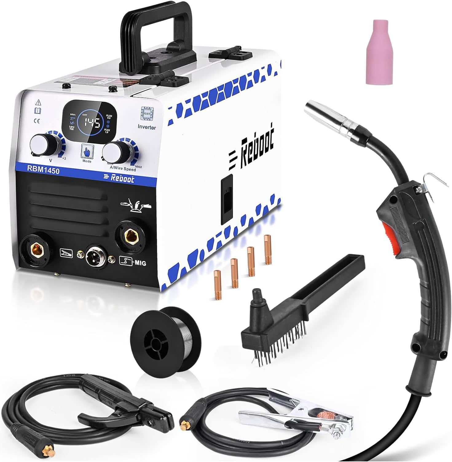 Reboot 240V 145A Gasless MIG Welder - 3-in-1 MIG/ARC/Lift TIG Inverter Welder with IGBT Synergy | Digital LED Display | Portable Stick Welder + Flux Core Wire & MIG Torch