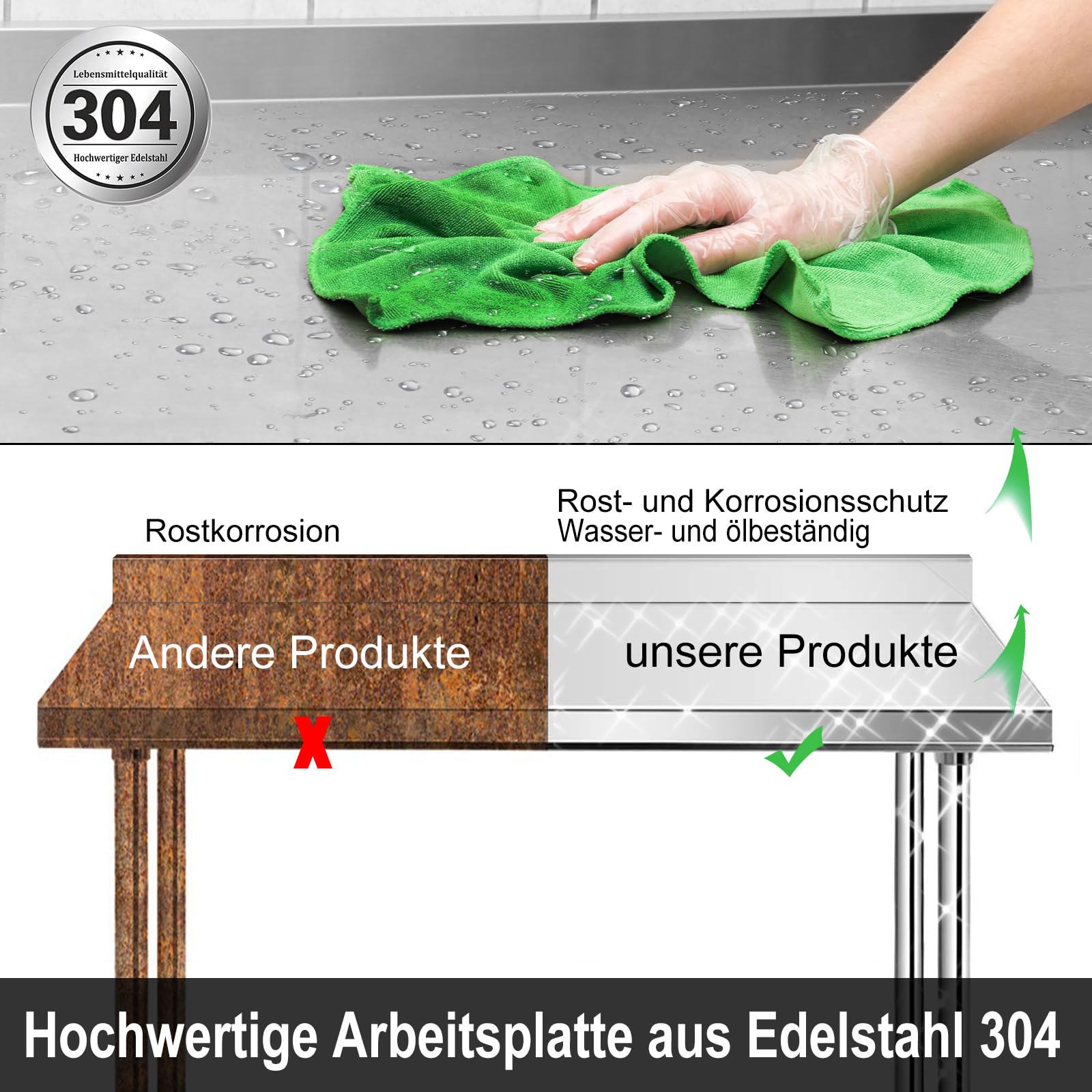 ACXIN Mesa de trabajo de acero inoxidable con patas ajustables en altura y estante inferior grande, mesa de trabajo para preparación de alimentos, 150 x 50 x 85 cm, color plateado (con reborde)