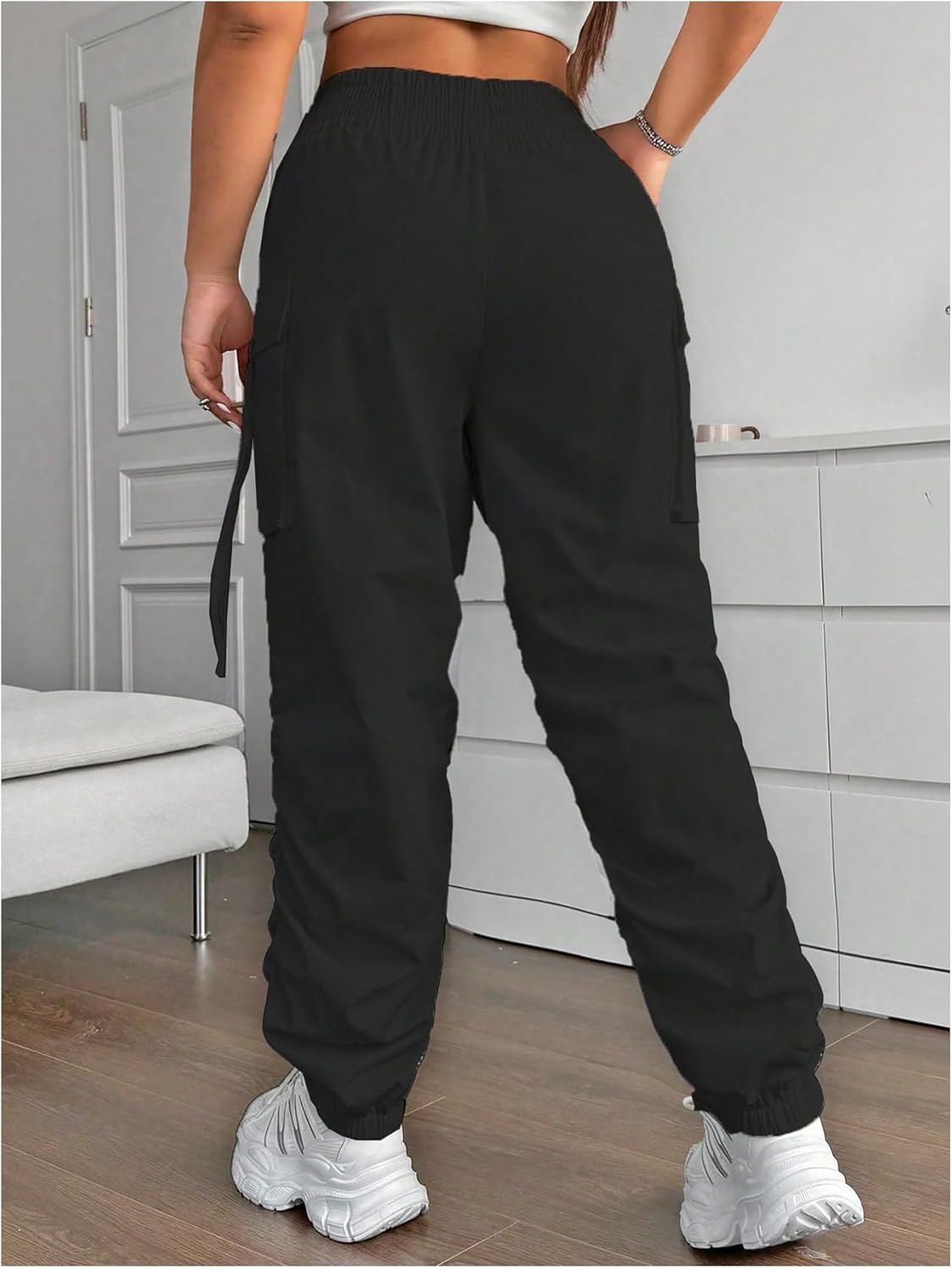 OYOANGLE Women's Plus Size Cargo Pants Elastic High Waisted Ruched Workout Joggers Pants Streetwear - Image 2