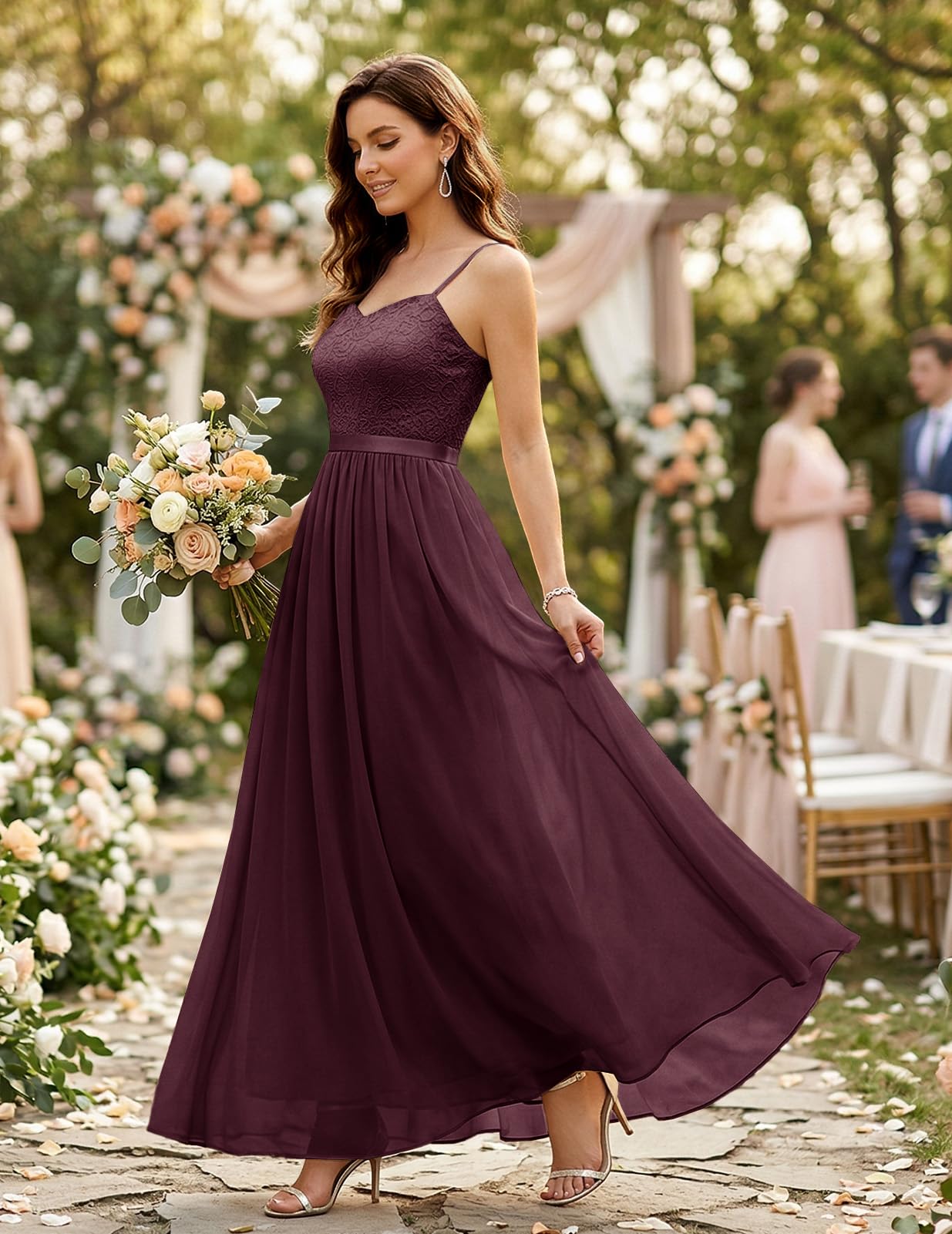 DRESSTELLS Abendkleider Elegant für Hochzeit Festlich Ballkleid Damen Lang Brautkleid Standesamt Brautjungfernkleider mit Spaghettiträger Jugendweihe Kleider