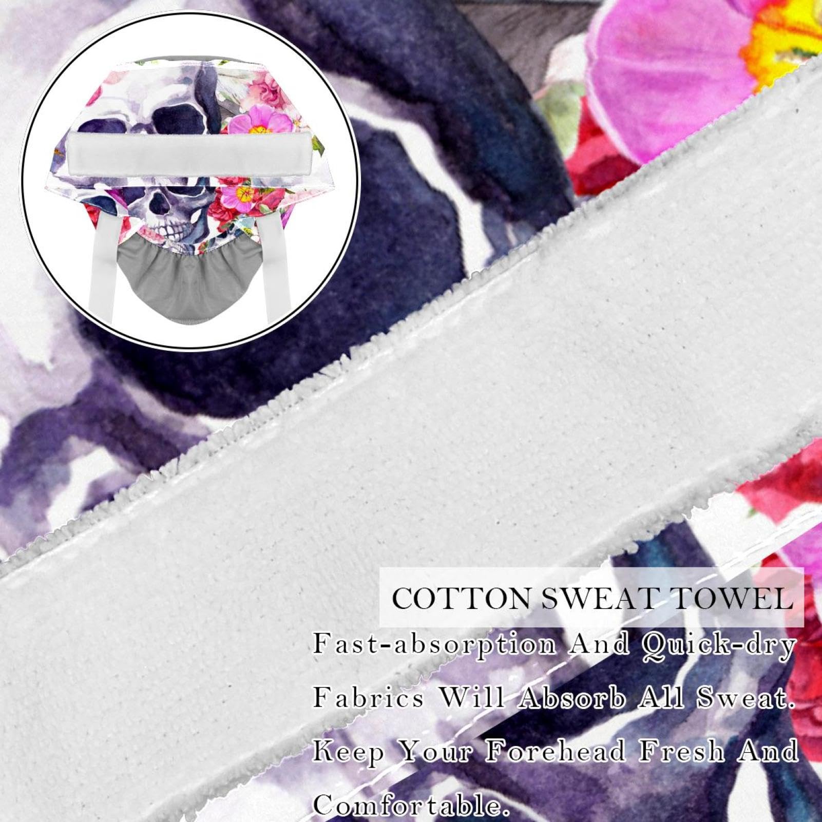 2 Pack Working Cap with Button Sweatband, Watercolor Sugar Skull Rose Adjustable Tie Back Nurse Hats Long Hair