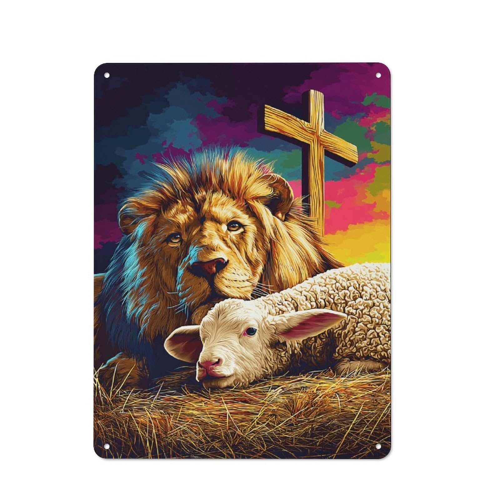 Junmoney Peaceful Coexistence Lion And Lamb -2 Tin Wall Plaque 40X30cm With For Garage Or Workshop, For Living Room, Hallway And Entrance Wall Decor