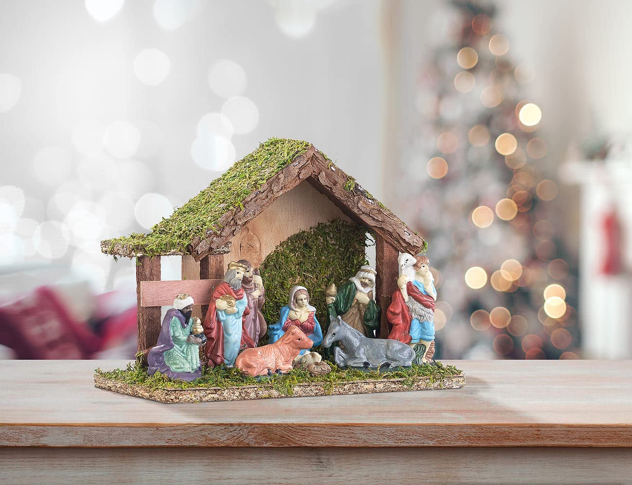 Weihnachten Krippe: Klassische Holz-Weihnachtskrippe, handbemalte Porzellan-Figuren, klein (Weihnachtskrippe Komplettset, Weihnachtskrippe Komplettset Holz, Weihnachtsbaum)