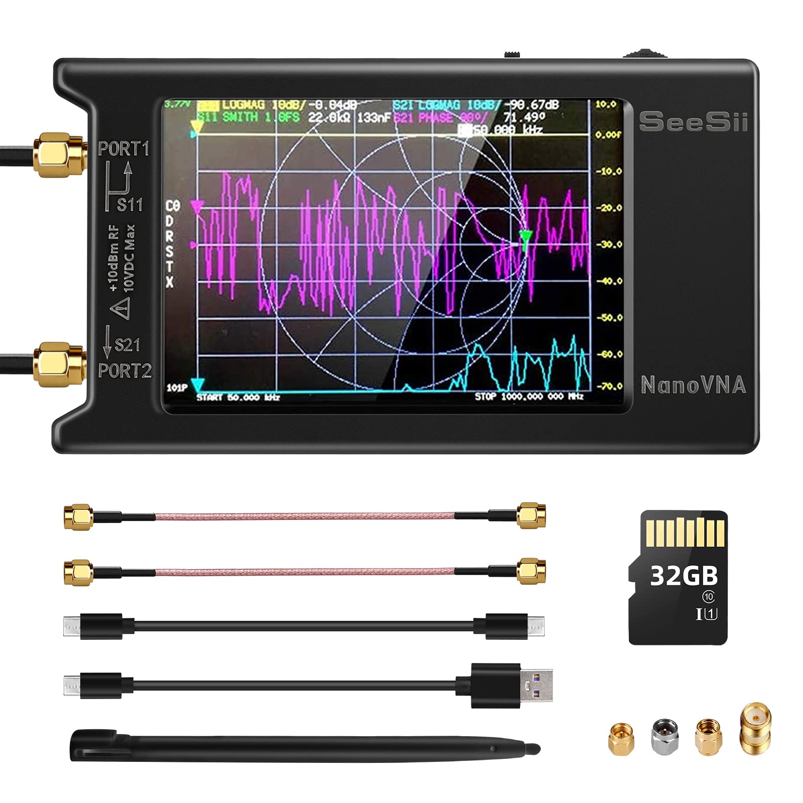 SEESII NanoVNA-H4 Vector Network Analyzer with 32GB Card, Latest V4.4 9KHz-1.5GHz HF VHF UHF 4" Touch Screen Nano Vna h4 Antenna Analyzer Measures Voltage Standing Wave Ratio, Phase,Delay,Smith Chart