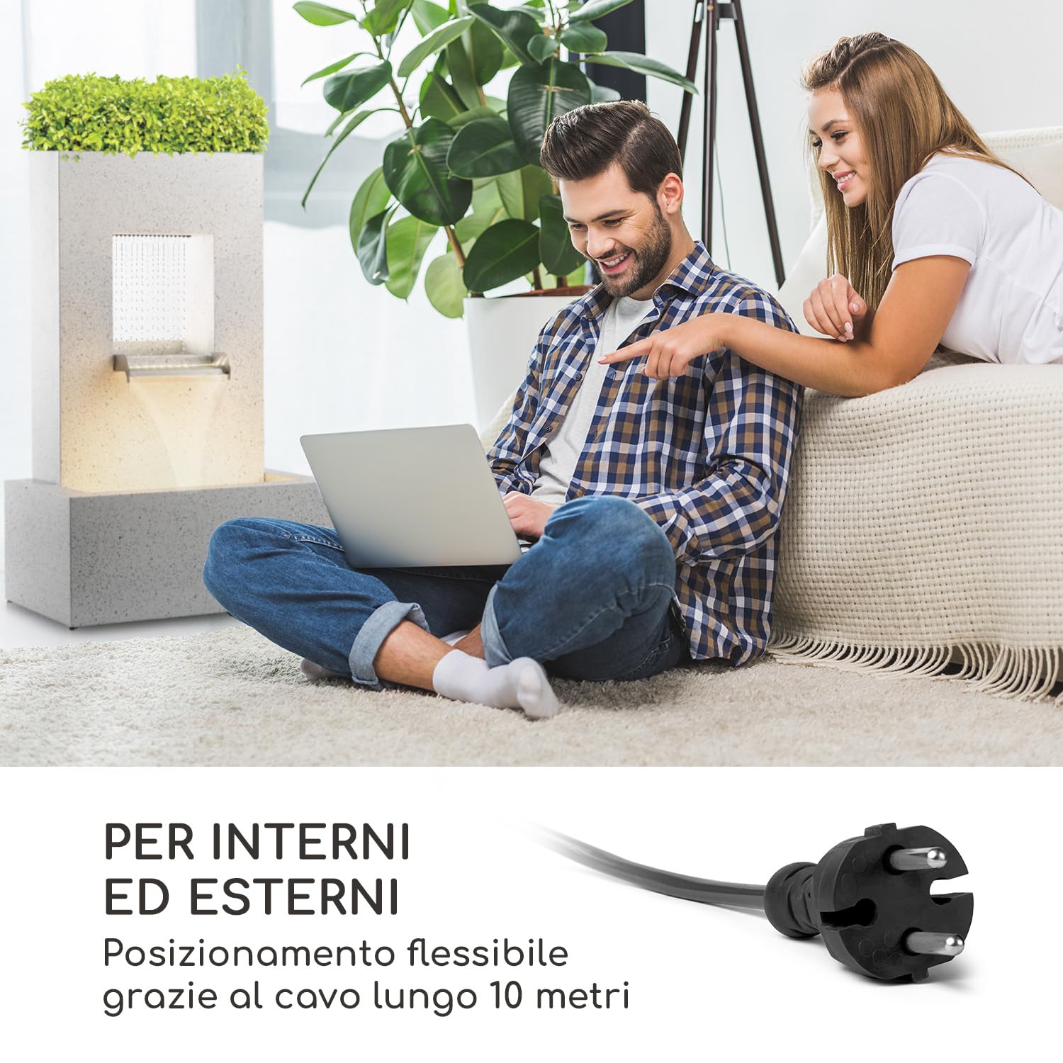 blumfeldt Bloomingstone - Fontana Decorativa da Giardino, con Vaso per Piante, al Chiuso e all'Aperto, Cavo da 10 m, Circuito Idrico Chiuso, LED, Pompa 12 W/800 l/h, Zinco, Bianco