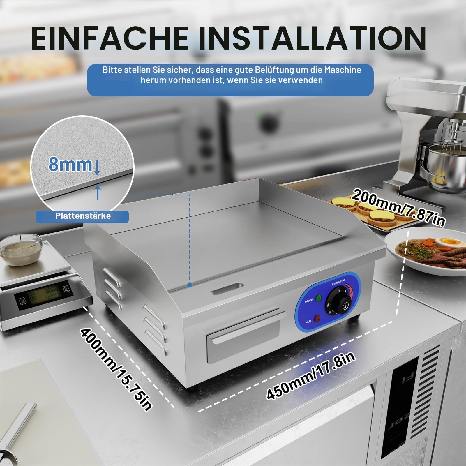 TAIMIKO Elektrische Plancha 220-240 V Edelstahl Grillplatte Thermostat 50-300 °C