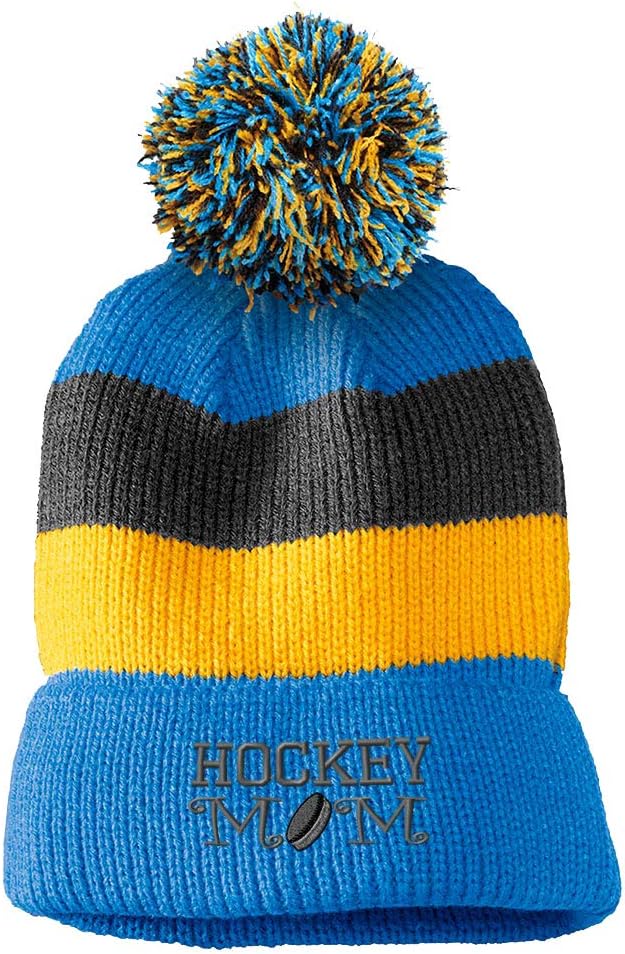 Vintage Pom Pom Beanie Hockey Mom A Embroidery Acrylic Skull Cap Hat for Men & Women Light Blue Stripes 1 Size