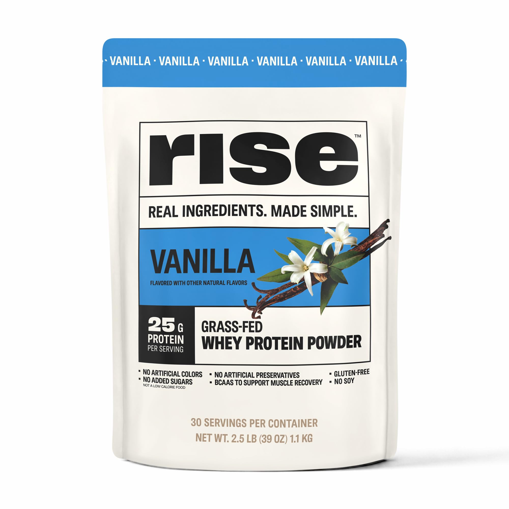 Rise Grass-Fed Whey Protein Powder - Vanilla | 25g Protein No Artificial Flavors, Colors, or Preservatives - Sugar Free, Gluten-Free, Soy Free (2.5 lbs)