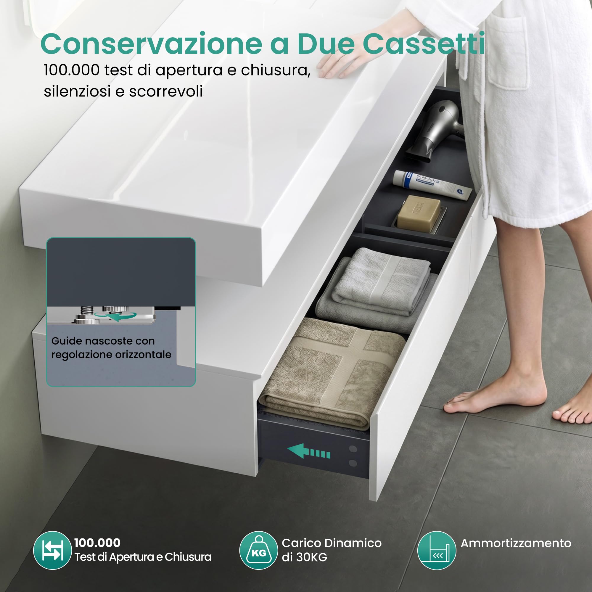 Mai & Mai Mobile Bagno Sospeso Lavabo Bianco, Larghezza: 150cm | Mobile da Bagno, Cassetti a Chiusura Soft-Close, Up