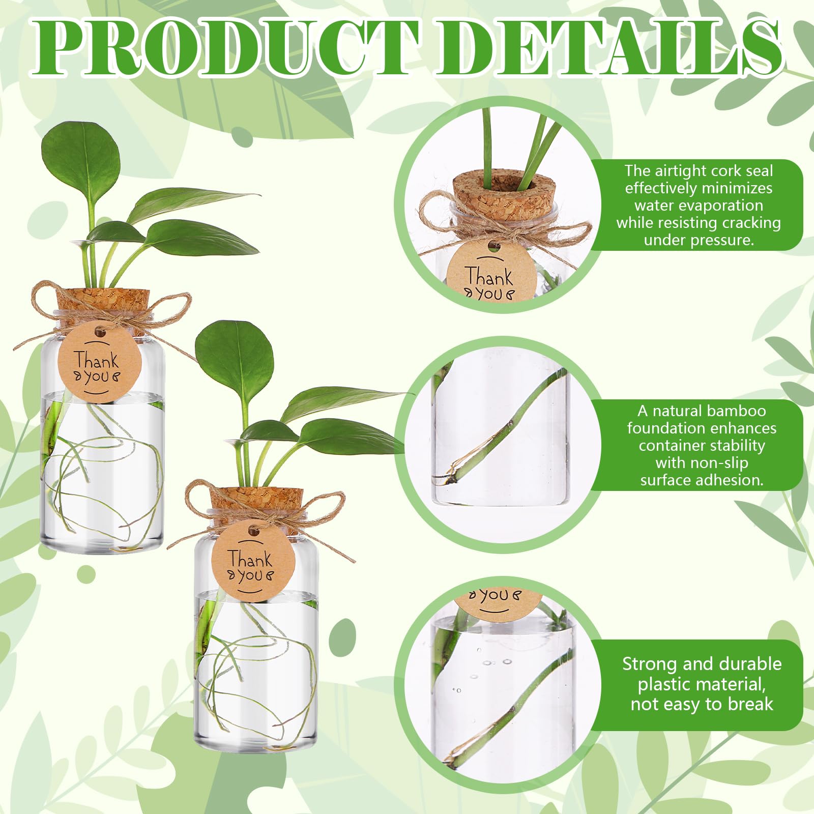 36 paquetes de estaciones de propagación de plantas con tapa de agujero, botellas de cultivo de plástico transparente, recipientes hidropónicos de mesa con etiquetas de agradecimiento para el