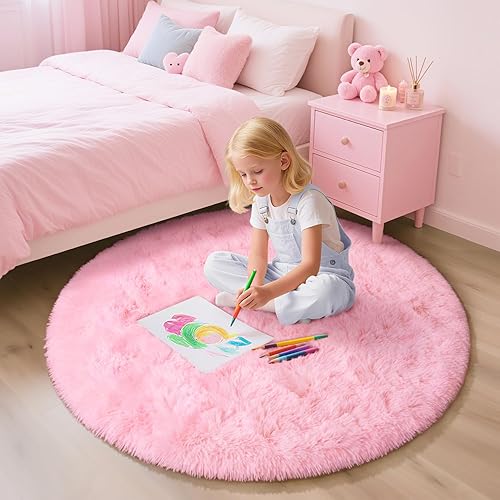 Miniatura 2 de EVOIONOS Alfombra Redonda Rosa para Dormitorio, 4x4 Pies Alfombras de Área Circulares Suaves y Esponjosas para Sala de Estar, Alfombra Circular de