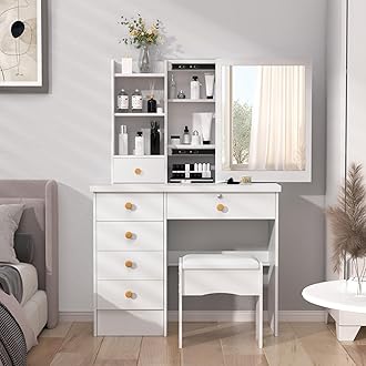 kamuloukDressing Table with Sliding Mirror, Bedroom Vanity Table with Cushion Stool, Makeup Desk with 6 Drawers, Open Shelves, Hidden Storage Space, Wooden Modern Bedroom Dresser, 80x37x122cm White
