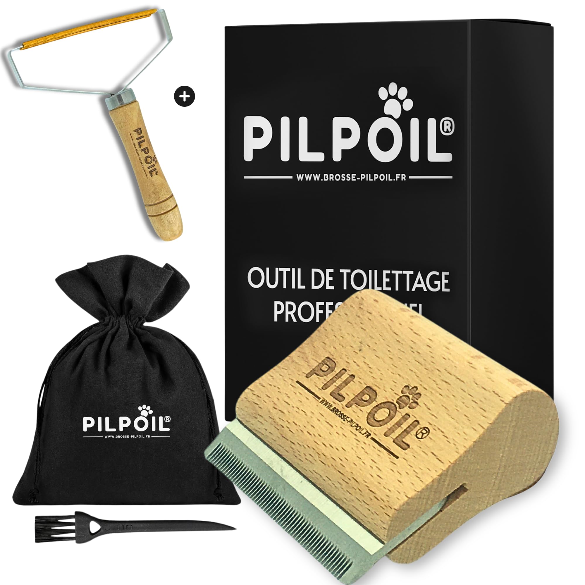 Pilpoil Pack Pro – Brosse Anti-Mue pour Chat et Lapin Poil Court en Bois + Raclette Anti-Poils Animaux – Accessoire de Toilettage – Taille S