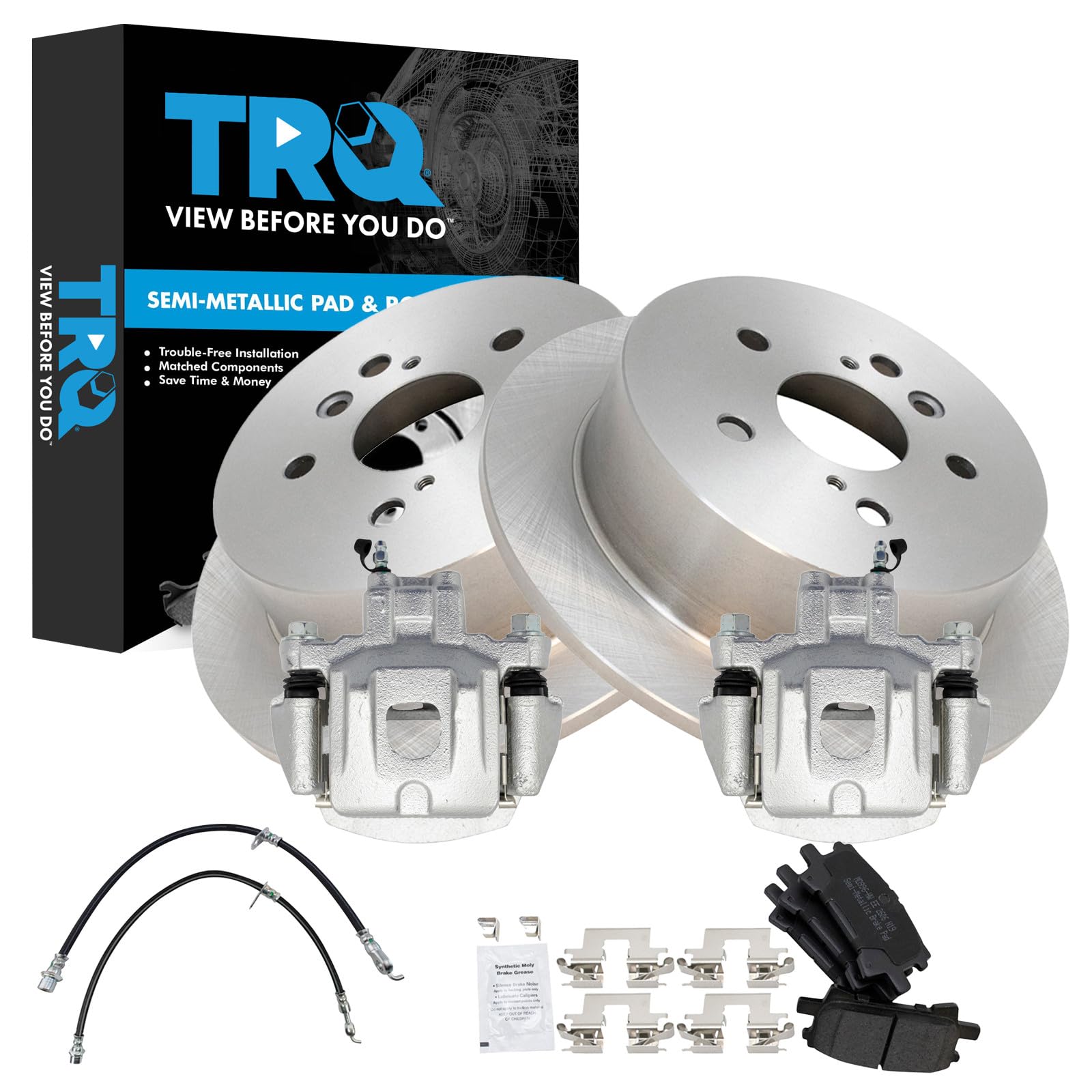 TRQ Rear Brake Pad and Rotor Set Semi Metallic Calipers Compatible with 2004-2007 Toyota Highlander