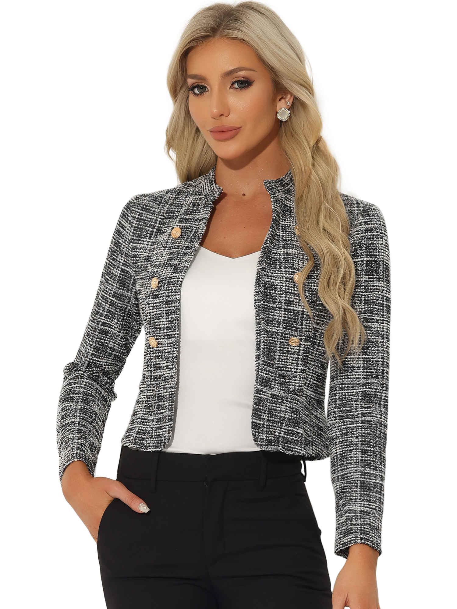 Allegra K Vintage Tweed Jackets for Womens Stand Collar Business Open Front Cropped Blazer Jacket