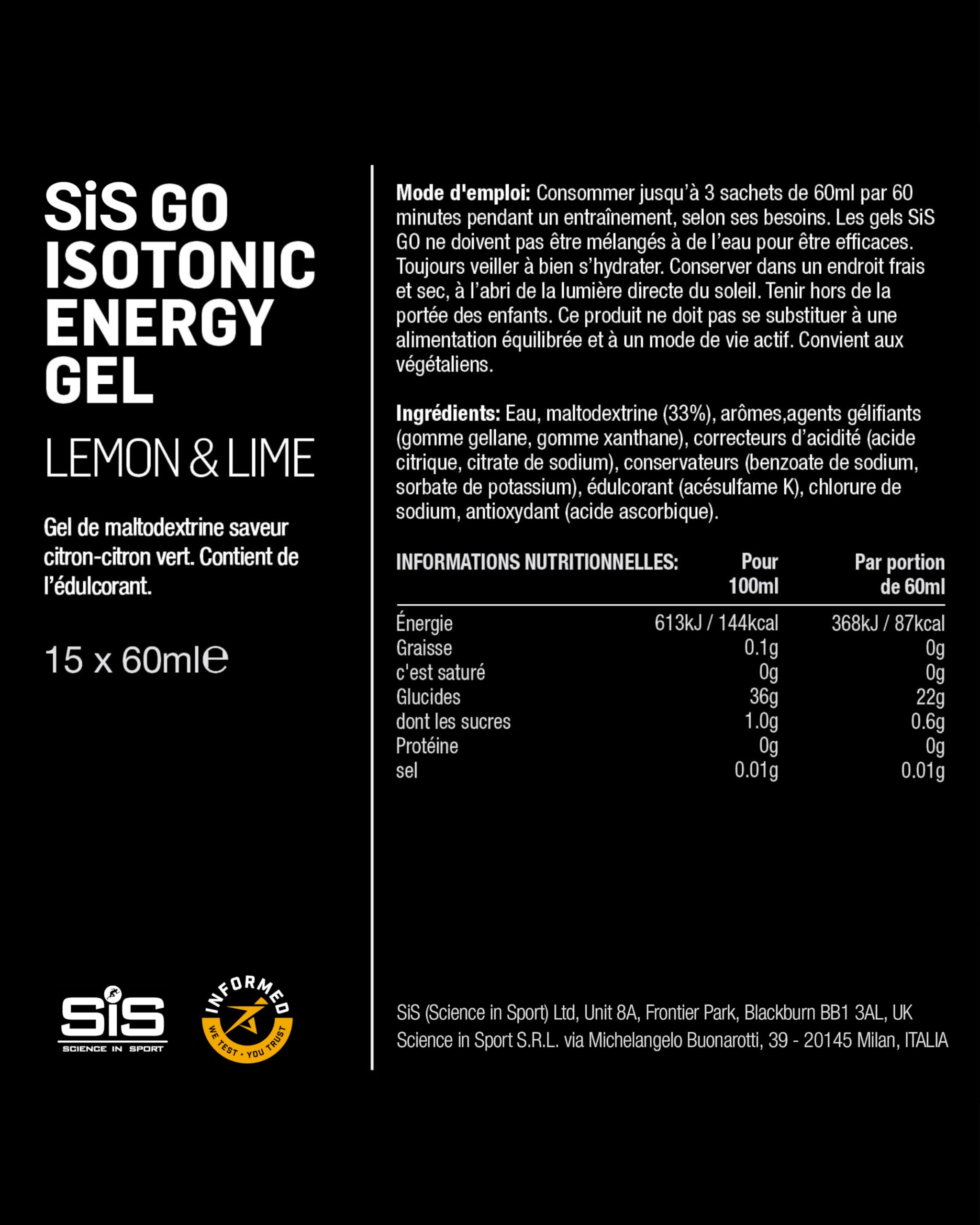 Science In Sport GO Isotonic Energy Gels, Gels de Course avec 22g de Glucides, Faible en Sucre, Saveur Citron et Citron Vert, 60ml par Portion (Lot de 15)