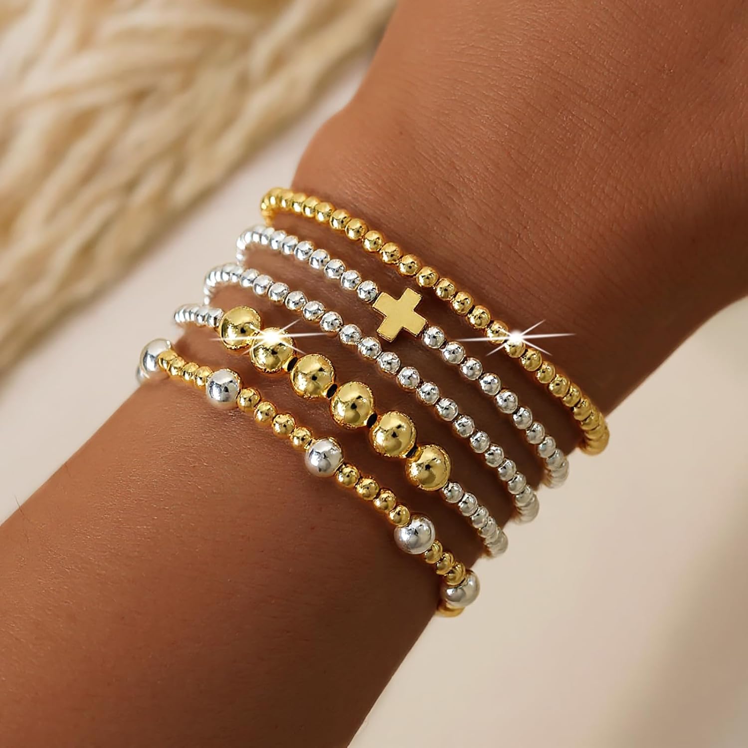 Silver Gold Beaded Bracelets for Women Stackable 14K Gold Plated Beads Ball Cross Bracelet Stack Non Tarnish Elastic Stretch Trendy Jewelry Christian Friendship Christmas Gifts for Women - Image 2