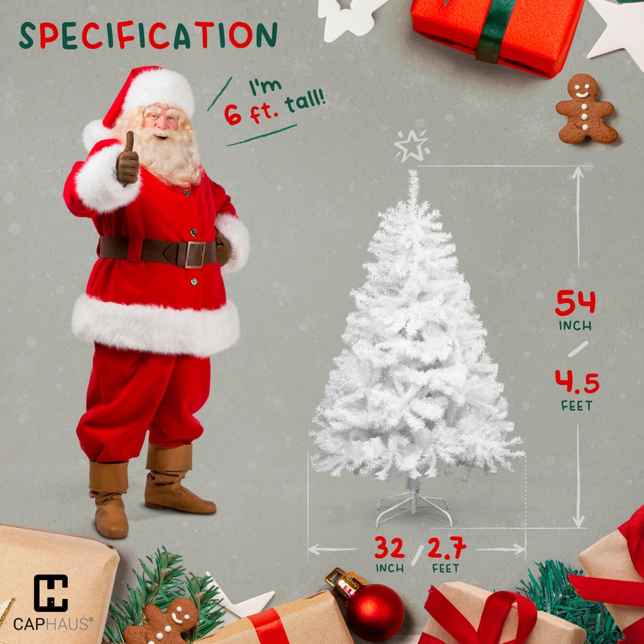 CAPHAUS 4.5 Feet Premium Full Artificial White Christmas Tree w/ 398 Branch Tips & Foldable Stand, Pre-Hinged, Fake Xmas Tree for Indoor, Office, Party, Holiday Decoration