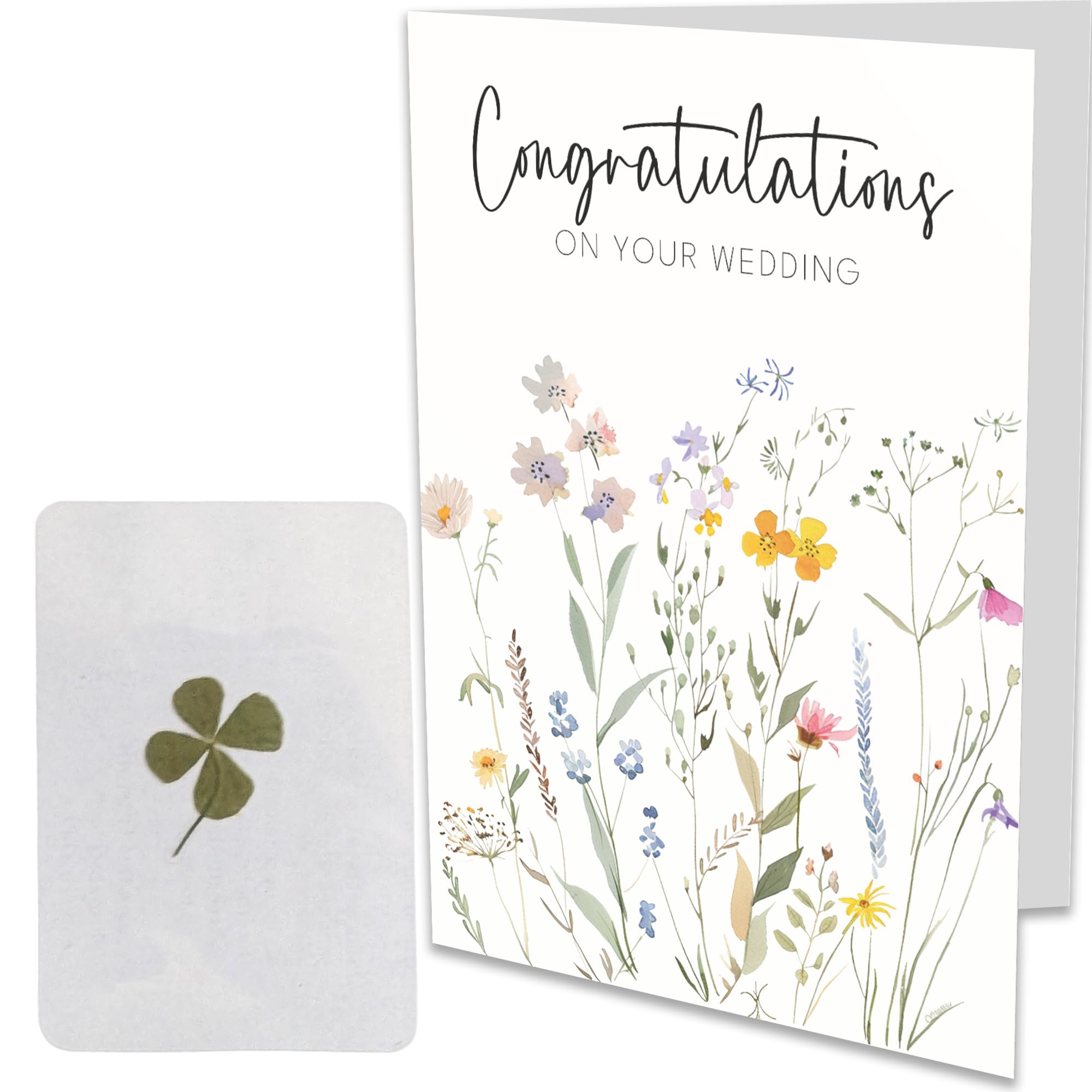 Wedding Card with Real Pressed Four Leaf Clover – Large A5 Greeting Card with Lucky Charm Inside