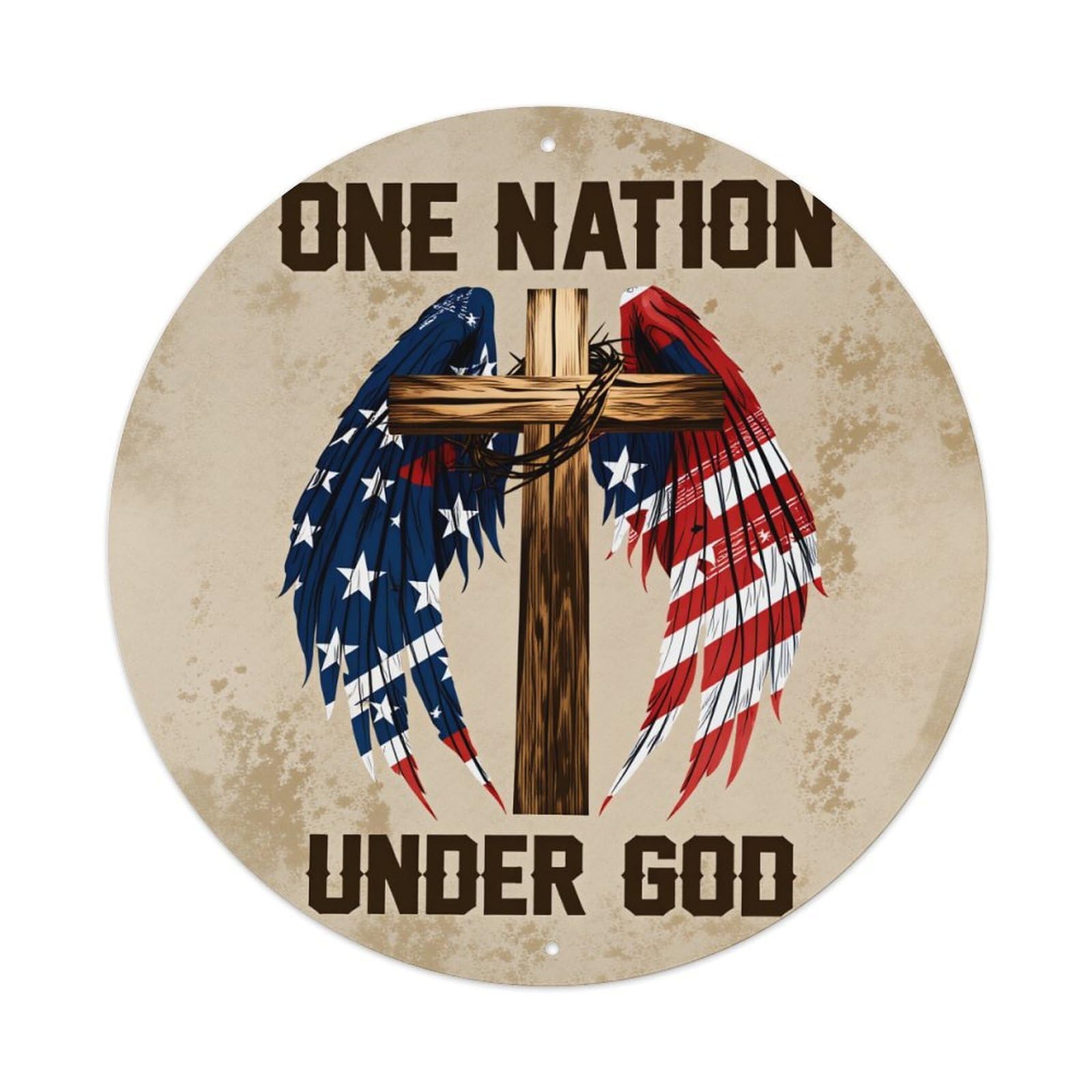 Cross With American Flag Wings Round Tin Sign Vintage Metal Poster Retro Bar, Home, Man Cave, Kitchen, Laundry Room Wall Art Decor Gift 8x8Inch