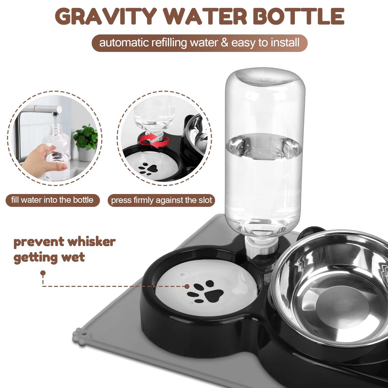 Ensemble de gamelles surélevées en acier inoxydable avec bouteille d'eau automatique et tapis imperméable pour chats/chiots, station d'alimentation 3 en 1 pour nourriture humide/sèche, noir