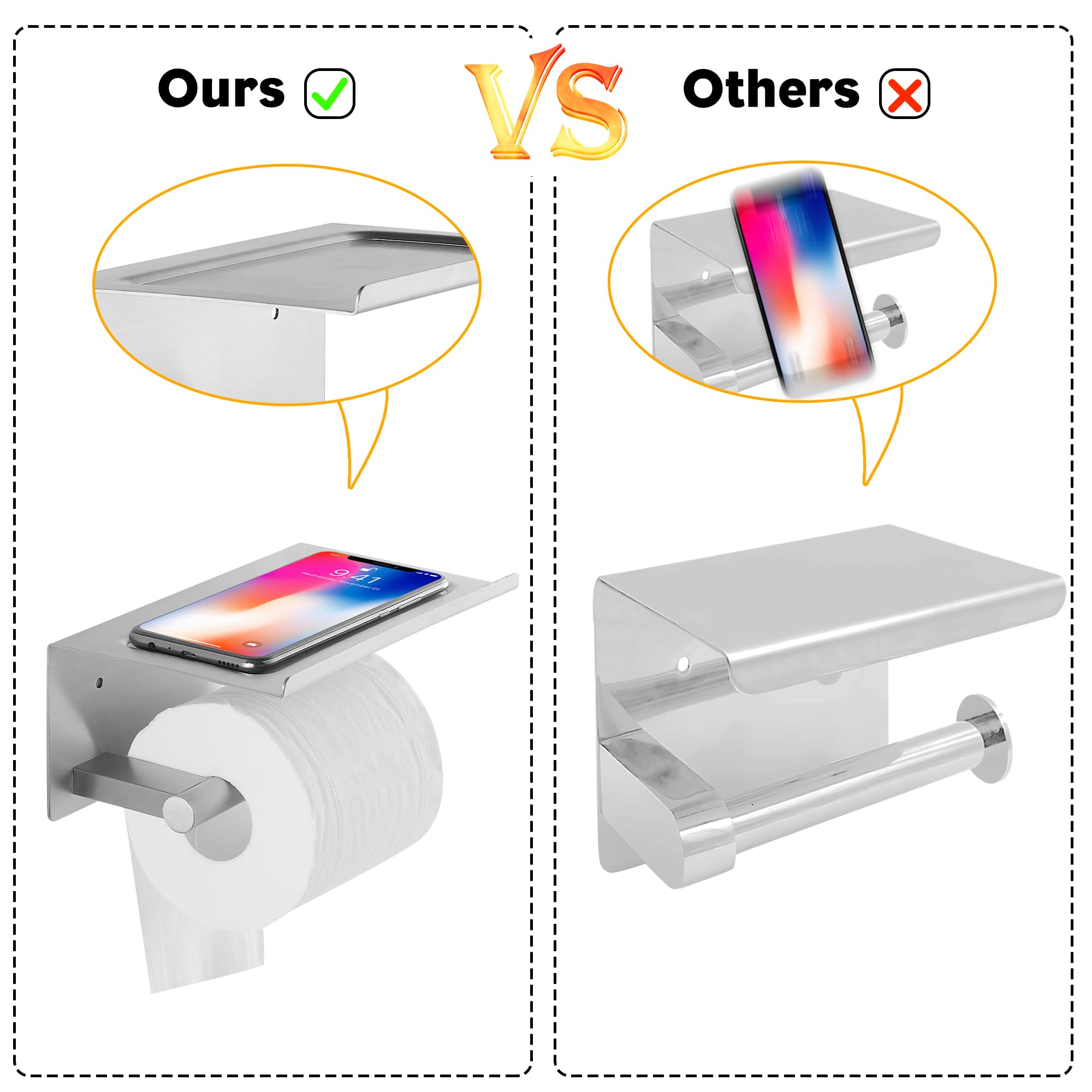 FOMANSH Portarrollos para Papel Higiénico - Portarrollos con Soporte para Celular, Portarrollos de Acero Inoxidable con 2 Métodos de Instalación, Adhesivo, para Baño, Inodoro, Cocina
