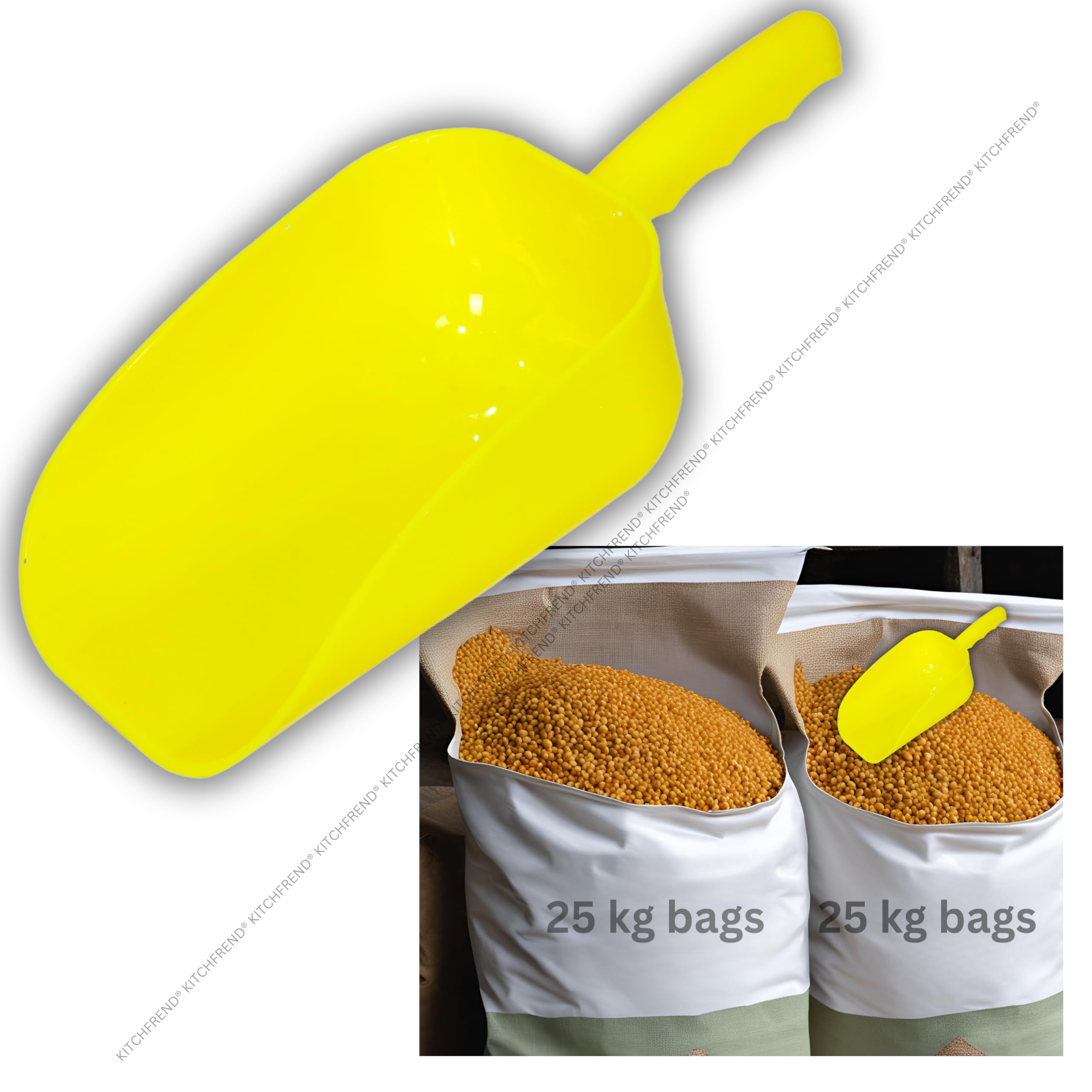 KITCHFREND 1kg Capacity Big Size Plastic Scoop, Multipurpose Flour Scoop - Yellow Plastic for Kirana Stores, Ideal for Shopkeepers, Manufacturers, Kitchen Use, Grocery Shop Accessories