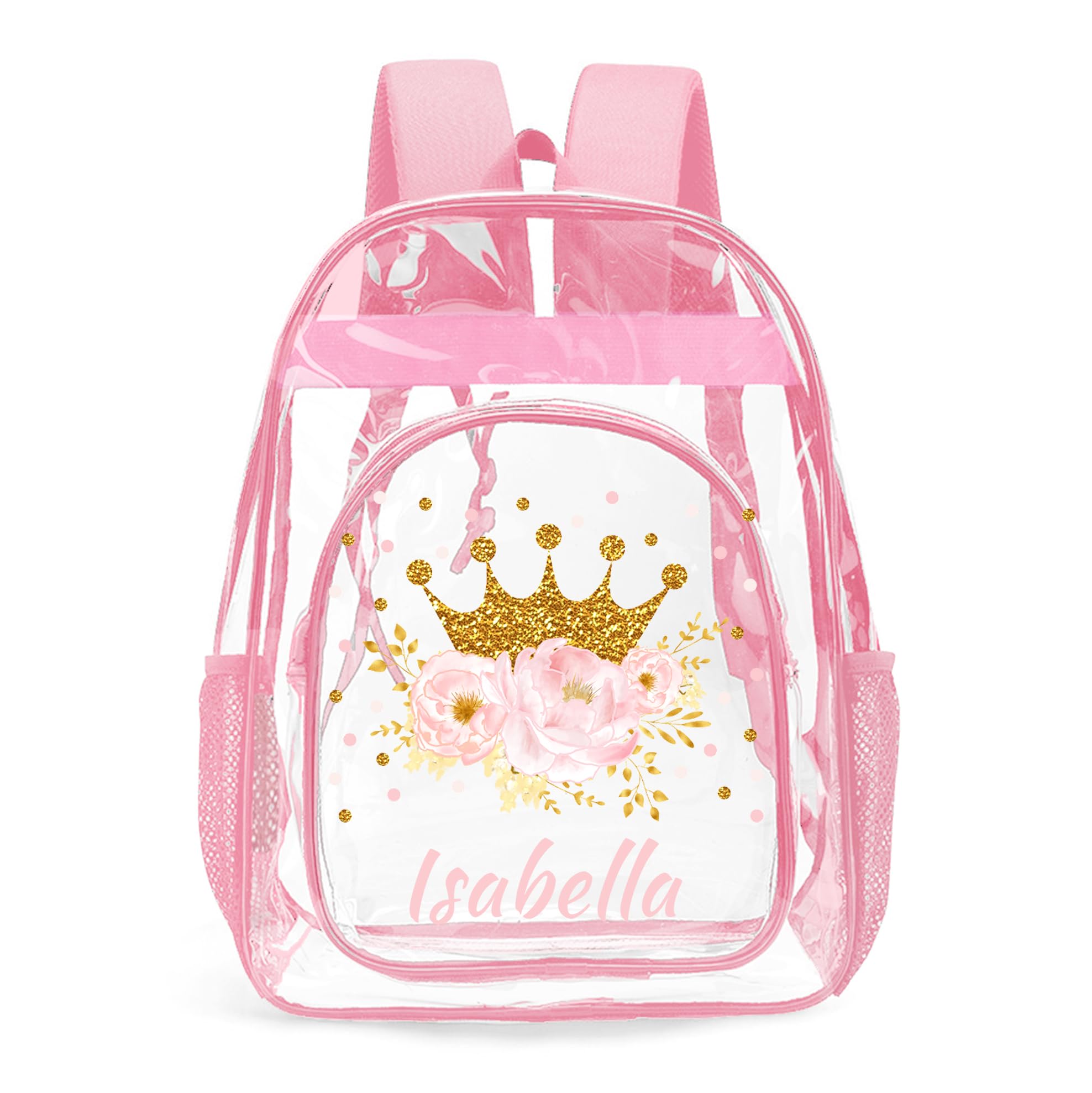 Bohva Custom Crown Clear Backpack For Girls With Name, PVC Waterproof Backpack With Reinforced Strap Large Capacity, Kids Clear Bag For Stadium Events
