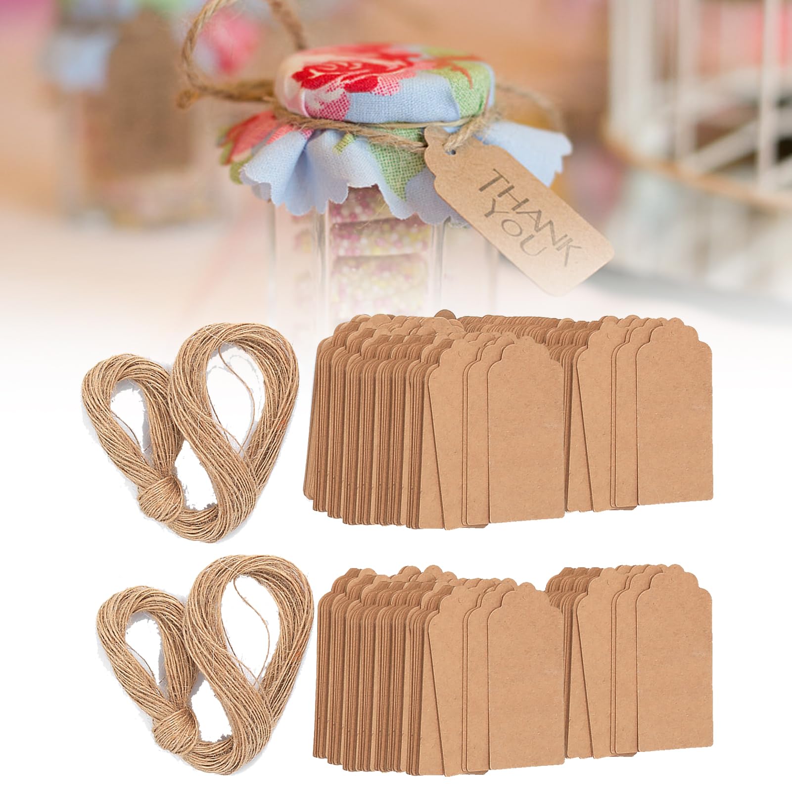 200pcs Price Basket Tags Gift Hang Double Sided Available Kraft Tags Large Marking Brown Kraft Paper with String Attached for Handmade Items Yard Sale 4x9cm