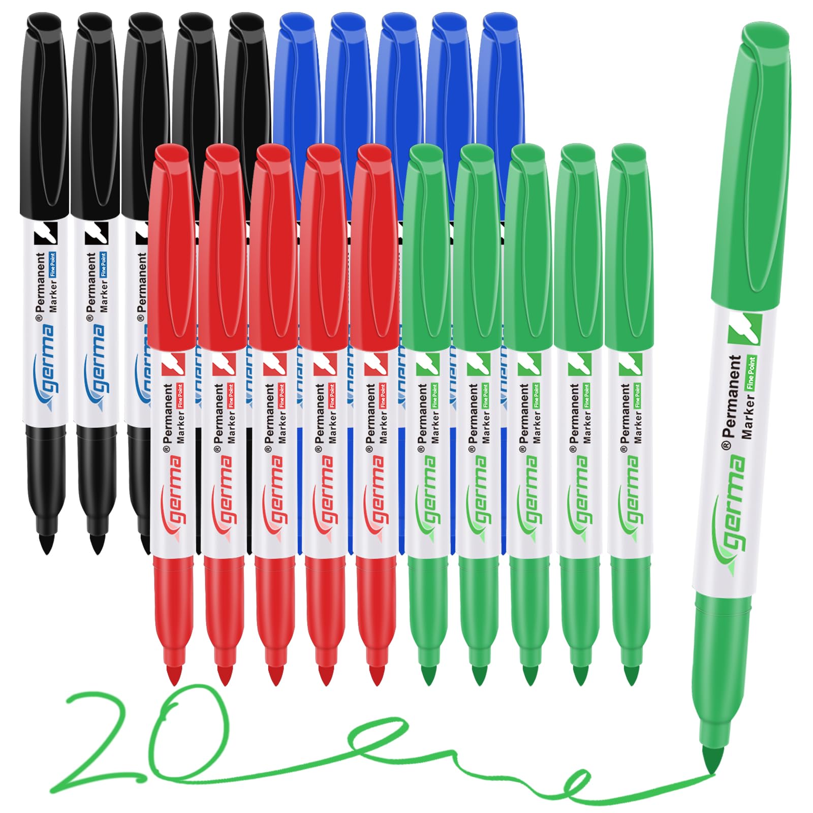 Cgerma Marcadores permanentes de punta fina a granel, 20 unidades de colores surtidos, juego de marcadores permanentes de punta fina, negro, azul, rojo, verde, secado rápido, resistente a la