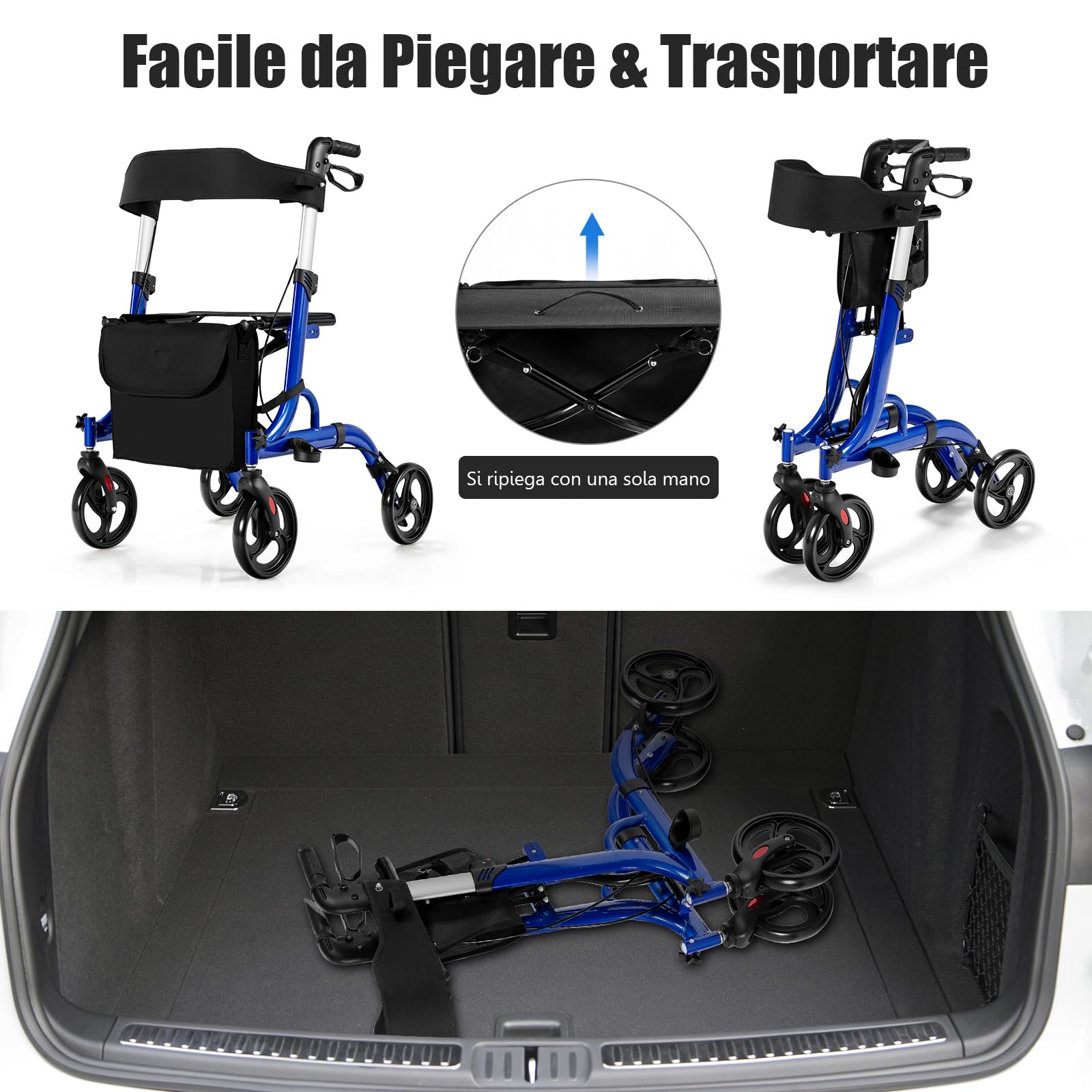 RELAX4LIFE Deambulatore per Anziani con 4 Ruote e Seduta, Portata Max 150KG, Deambulatore Pieghevole in Alluminio Ultraleggero con Dispositivo Frenante e Borsa alla Spesa (Blu, L)