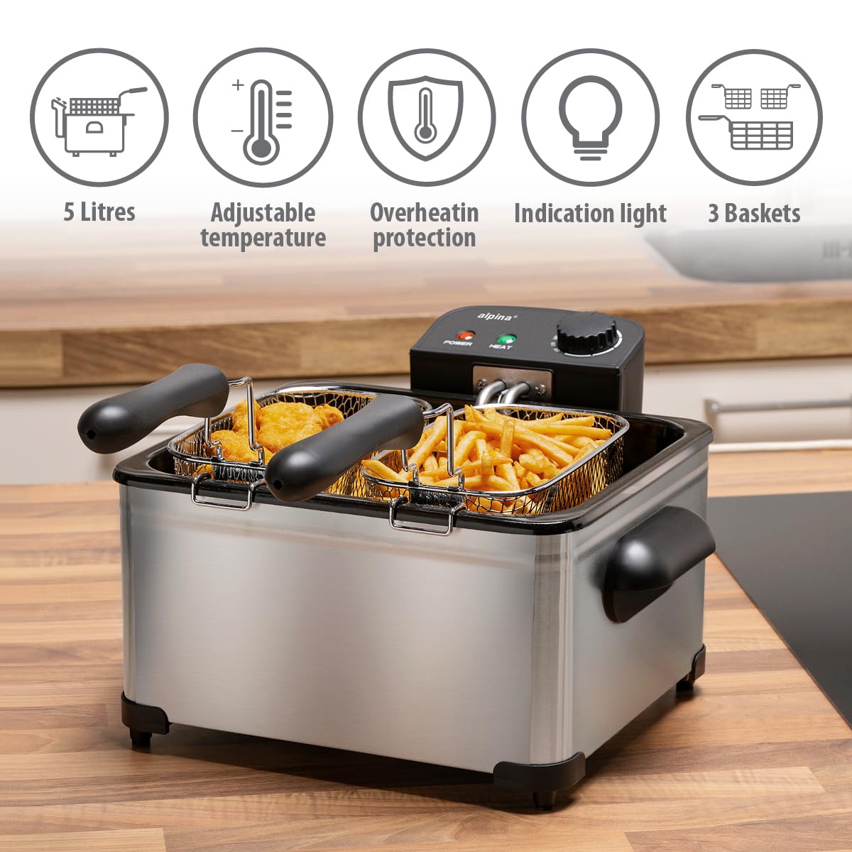 alpina Friggitrice 5L – Doppia friggitrice con termostato regolabile – Friggitrice con olio e 3 cesti estraibili – Deep Fryer 2000 W – 27,5 x 21,5 x 30,5 cm – Acciaio inossidabile argento