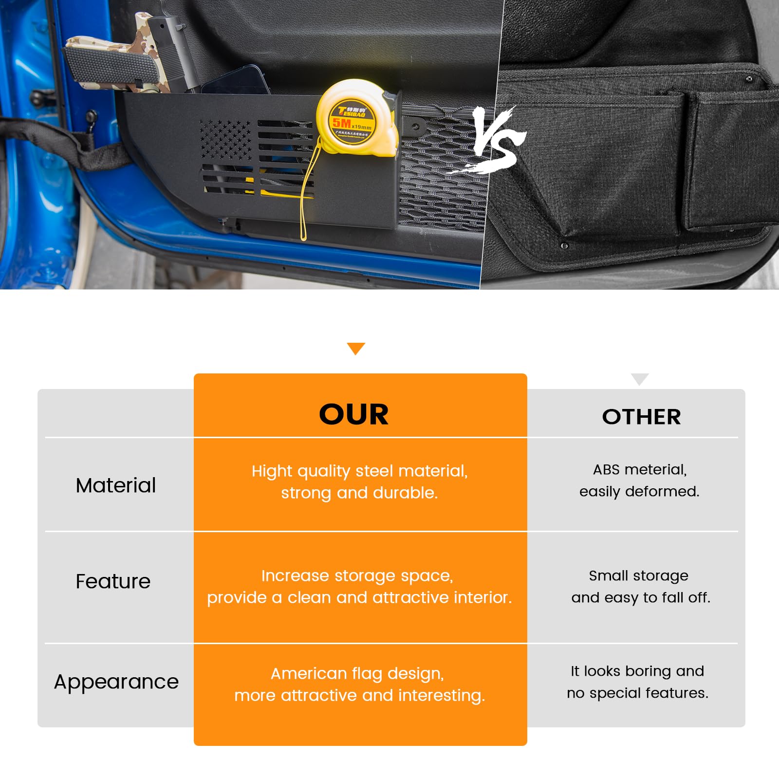 Front Door Storage For Jeep Accessories - Metal Door Pockets For 2018-2023 Jeep Wrangler JL JLU 4XE Rubicon Sport Sahara Gladiator JT Side Insert Organizer Box Pockets Expansion Replacement, Black