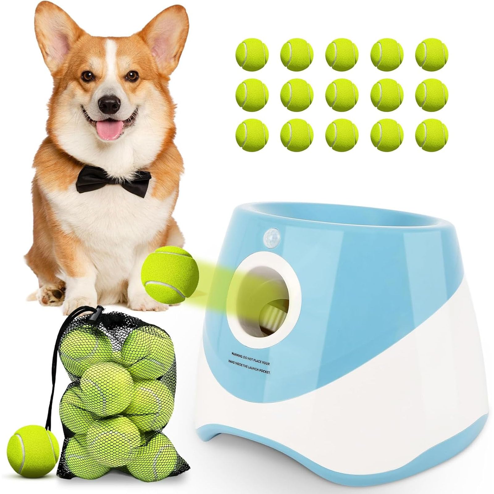 Lanzador automático de pelotas para perros, mini lanzador de pelotas de tenis, con 15 mini pelotas de tenis, juguete interactivo de entrenamiento para perros pequeños, interior y exterior