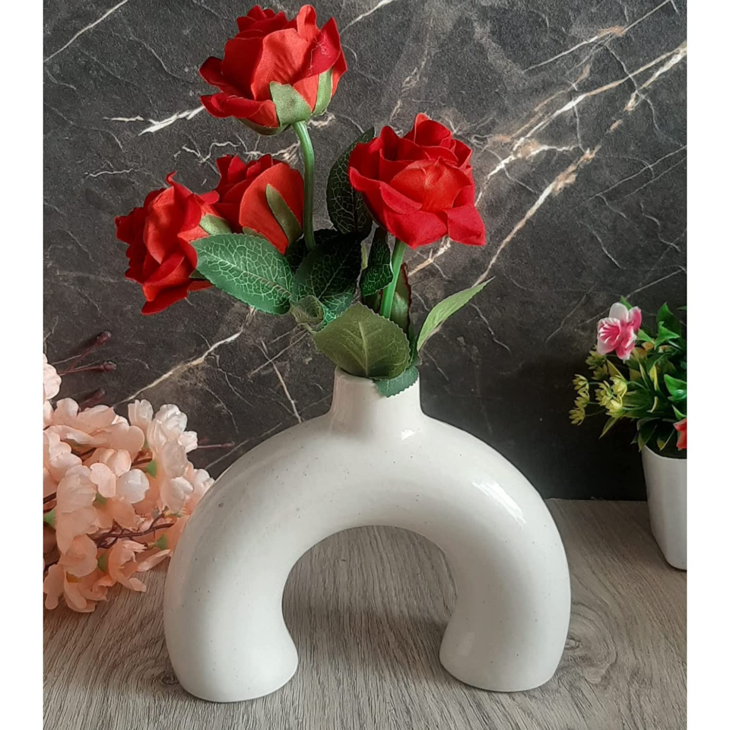 SaddlersPark Half Donut Ring Ceramic Pot and vase Handcrafted, Round Shaped for Home Decor (White, 1)