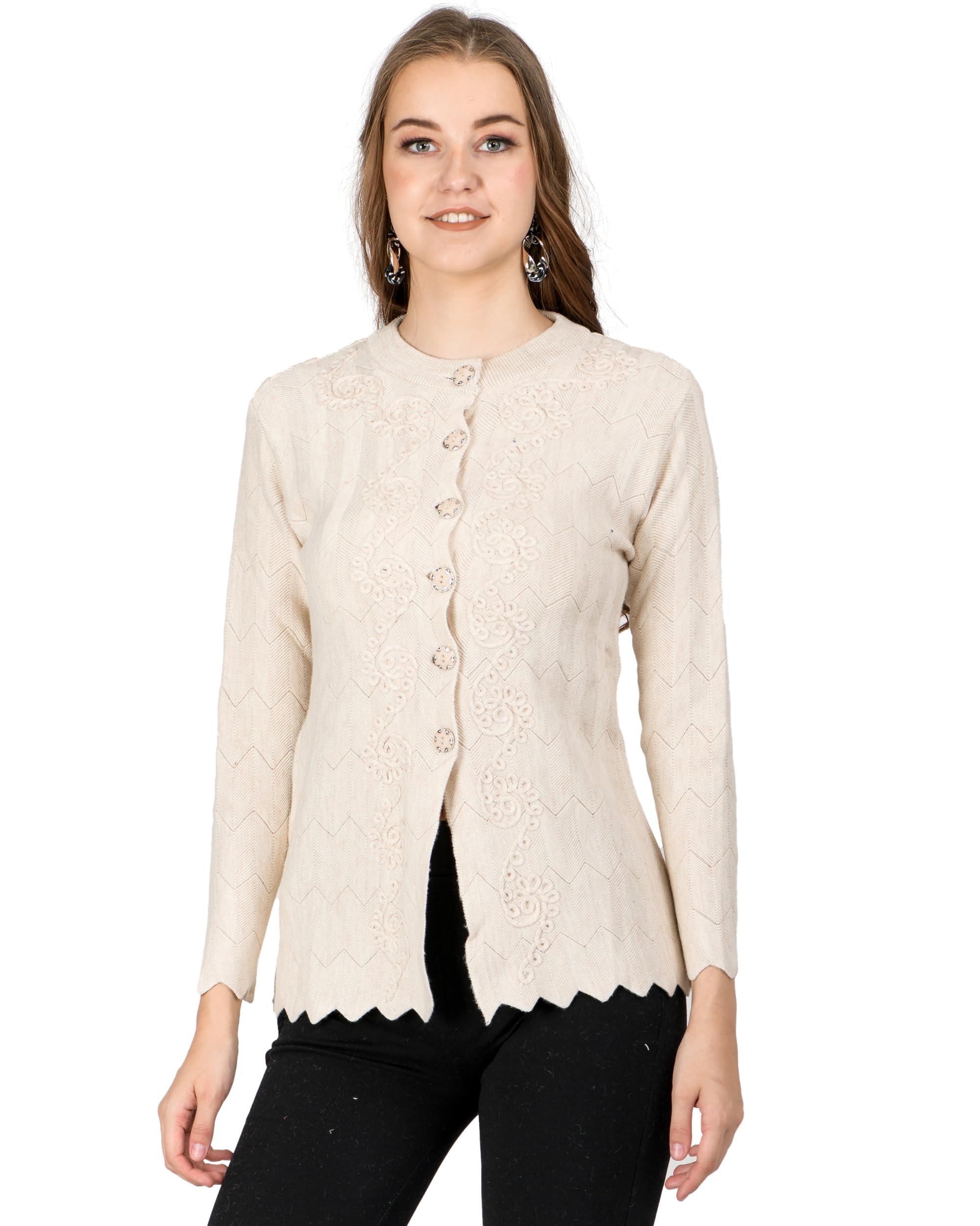 Women Woolen Round Neck Cardigan Sweater Heavy Front Long Kadai Cardigan Winter Wear Pure Wool Cardigan for Women Free Size Cotty Warm Cardigans with Side Pockets (XS, Skin)-image-40