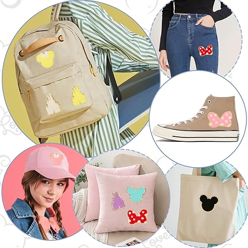 Miniatura 6 de DREMISI - 20 parches bordados de chenilla con cabeza de ratón, parches bordados con lazo de castillo de ratón colorido con purpurina, parches