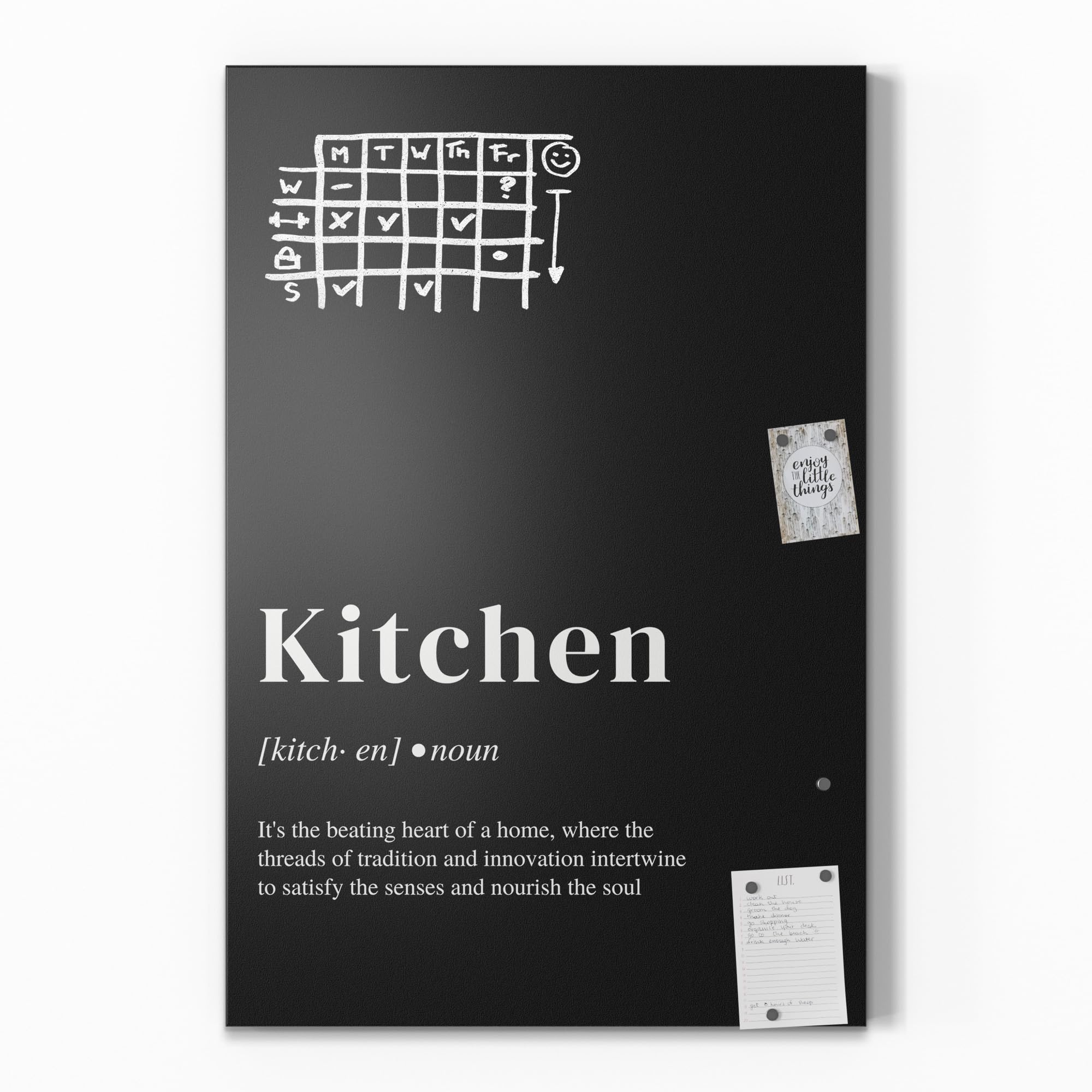 DEQORI Magnetyczna tablica do pisania kredą z nadrukiem UV | motyw "Deklaracja kuchni" | prostokątna konstrukcja 60 x 90 cm | metalowa tablica kredowa do pisania – dekoracja ścienna do kuchni