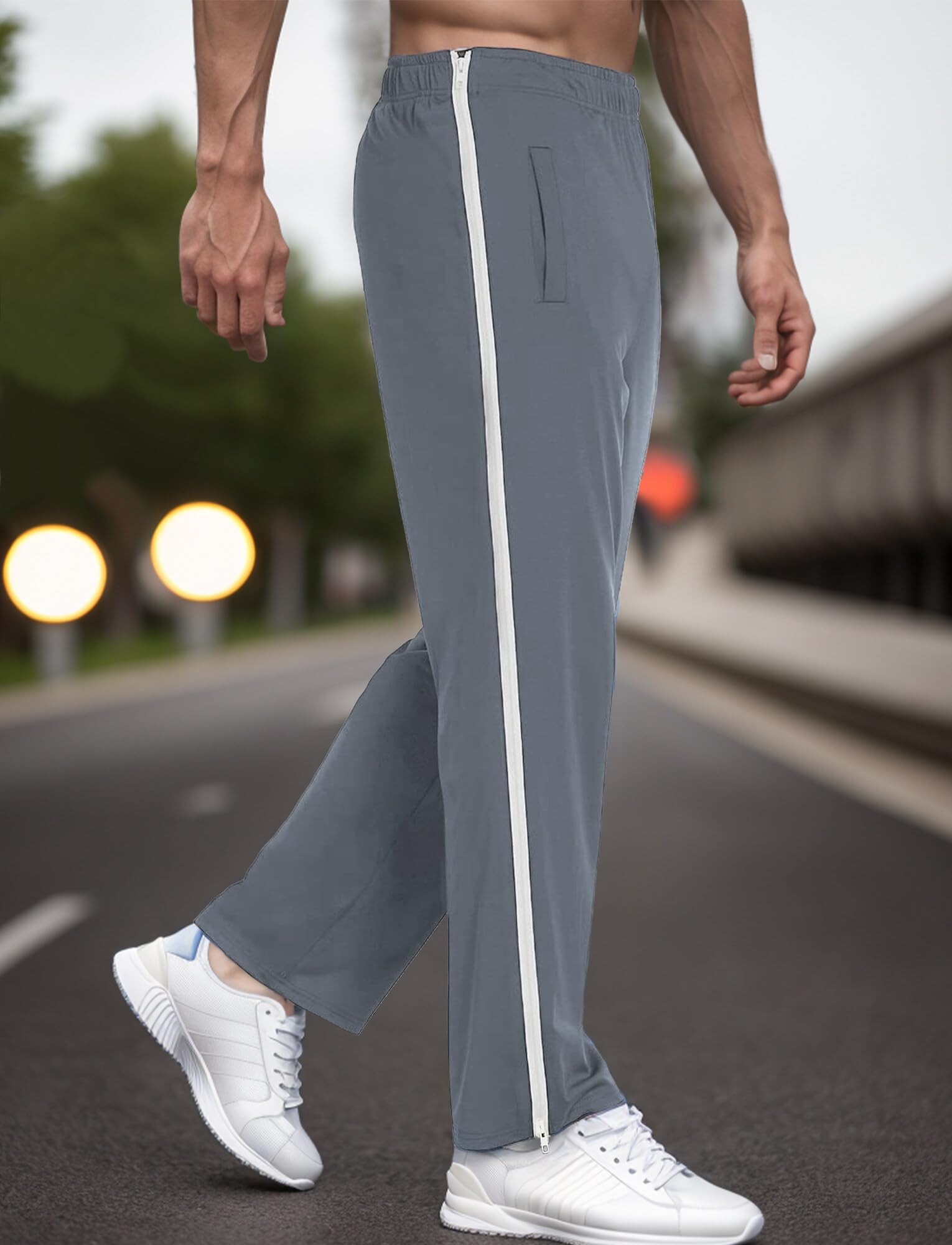 FEOYA Pantalon de Rééducation pour Homme Pantalons de Sport Post-opératoire à Ouverture Totale Jogging à Zips Latéraux Pantalon de Chirurgie avec Poches