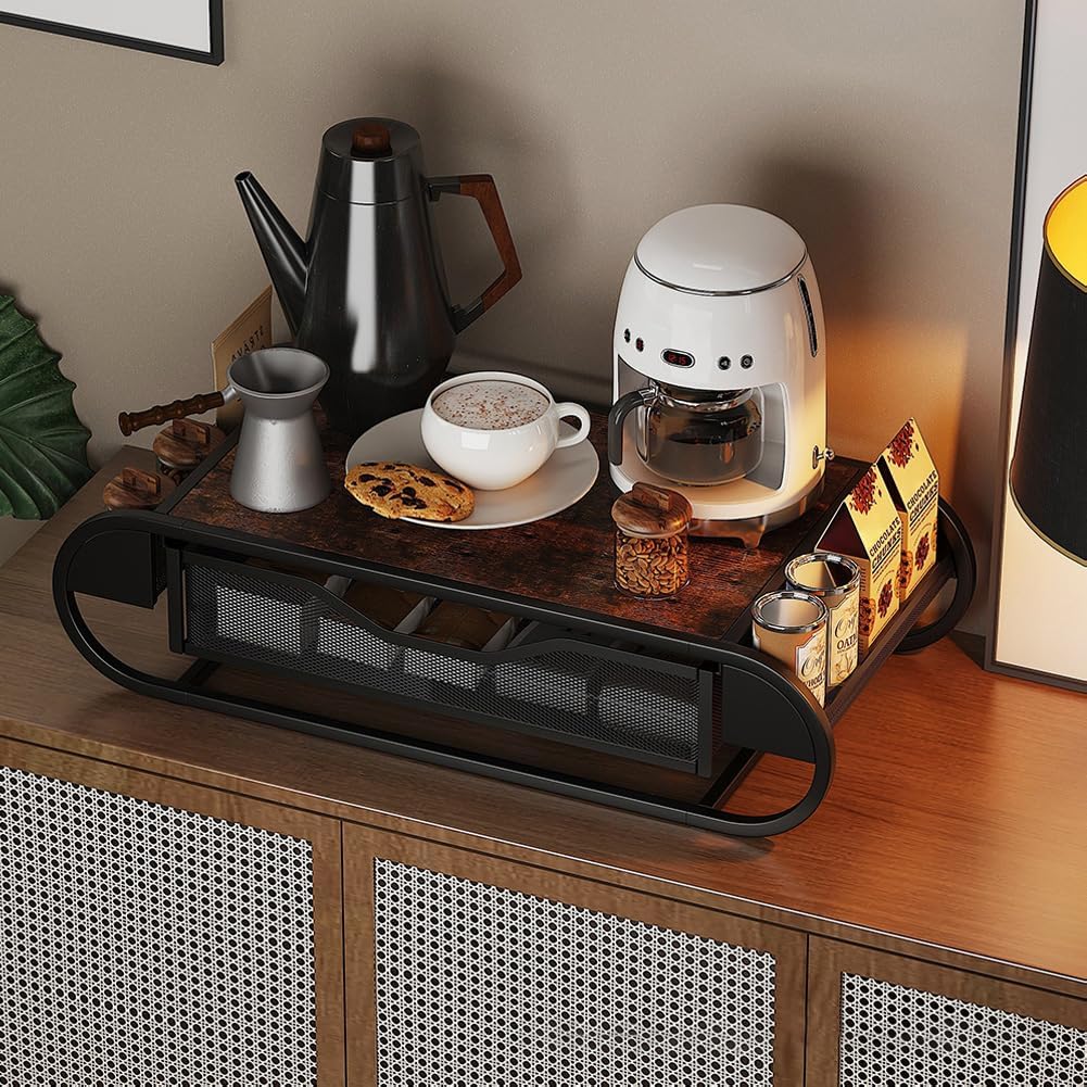 GarveeHome Organizador de cápsulas de café para cocina - Cajón de metal y madera con cesta deslizante - Soporte para hasta 90 cápsulas, espacio para vasos y tapas - Black Clásico