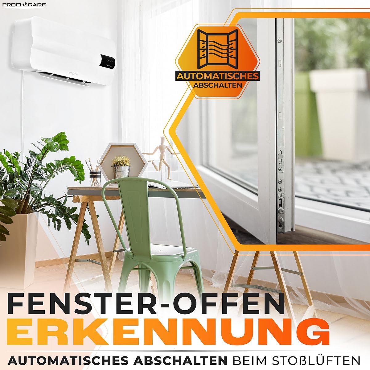 ProfiCare® aerotermo de pared con detección de ventana abierta | hasta 60 m² | para montaje en pared incl. material de montaje | con cable de 1,5 m, mando a distancia y temporizador | PC HL 3116